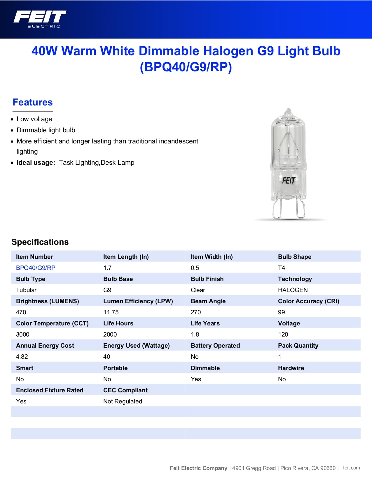 Feit Electric Bpq40/G9/Rp 40-Watt T4 Jcd Halogen Bulb G9 Bi-Pin Base, Clear