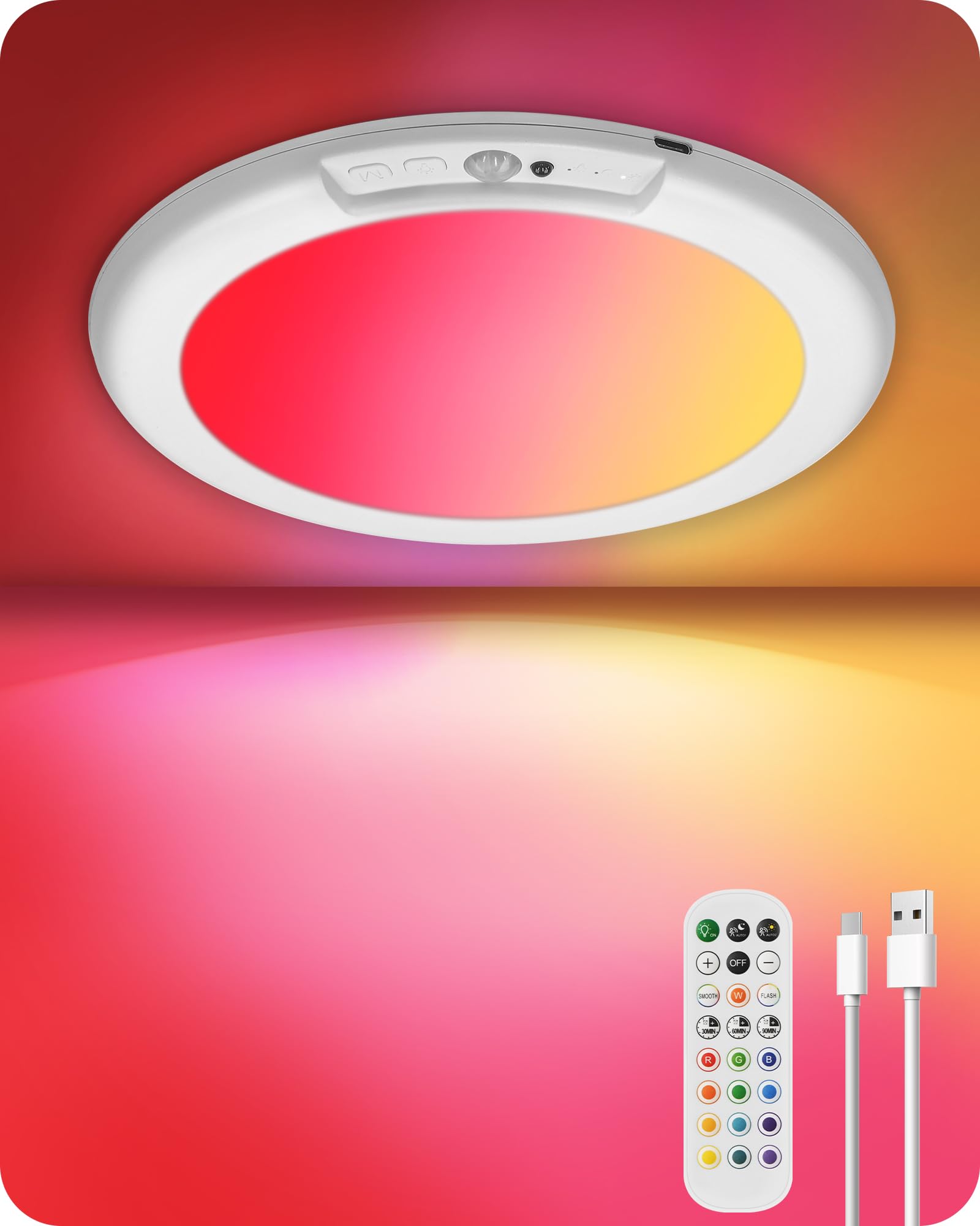 Goebleson Rechargeable Motion Sensor Ceiling Light With Remote, Rgbw Led Wireless Ceiling Light Fixture, Diy Colors, Color-Chang