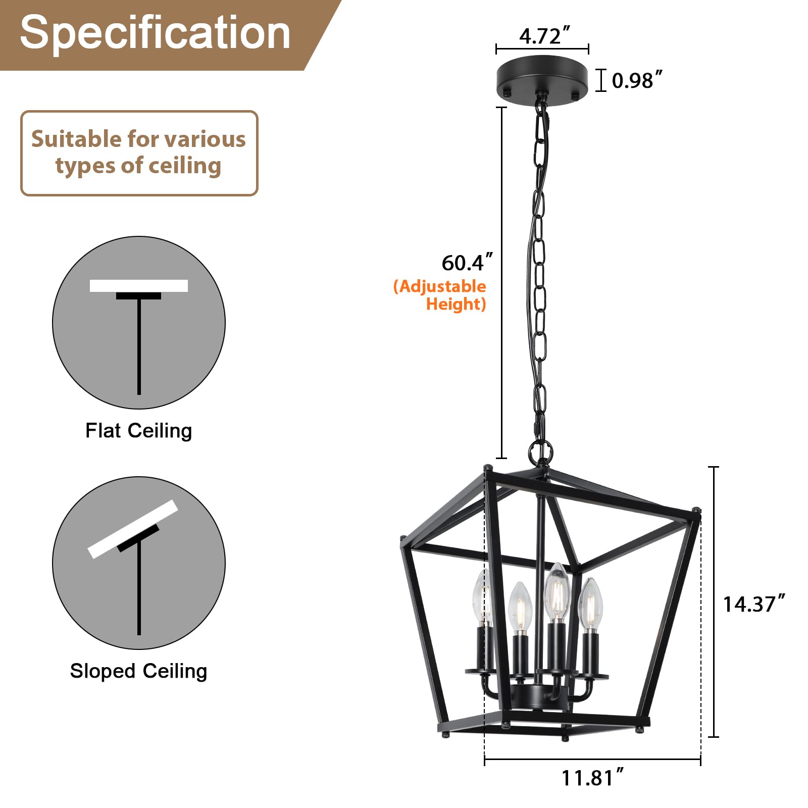 Unicozin 4-Light Black Lantern Chandelier, Adjustable Rustic Geometric Light for Kitchen Island & Entryway, E12 Base