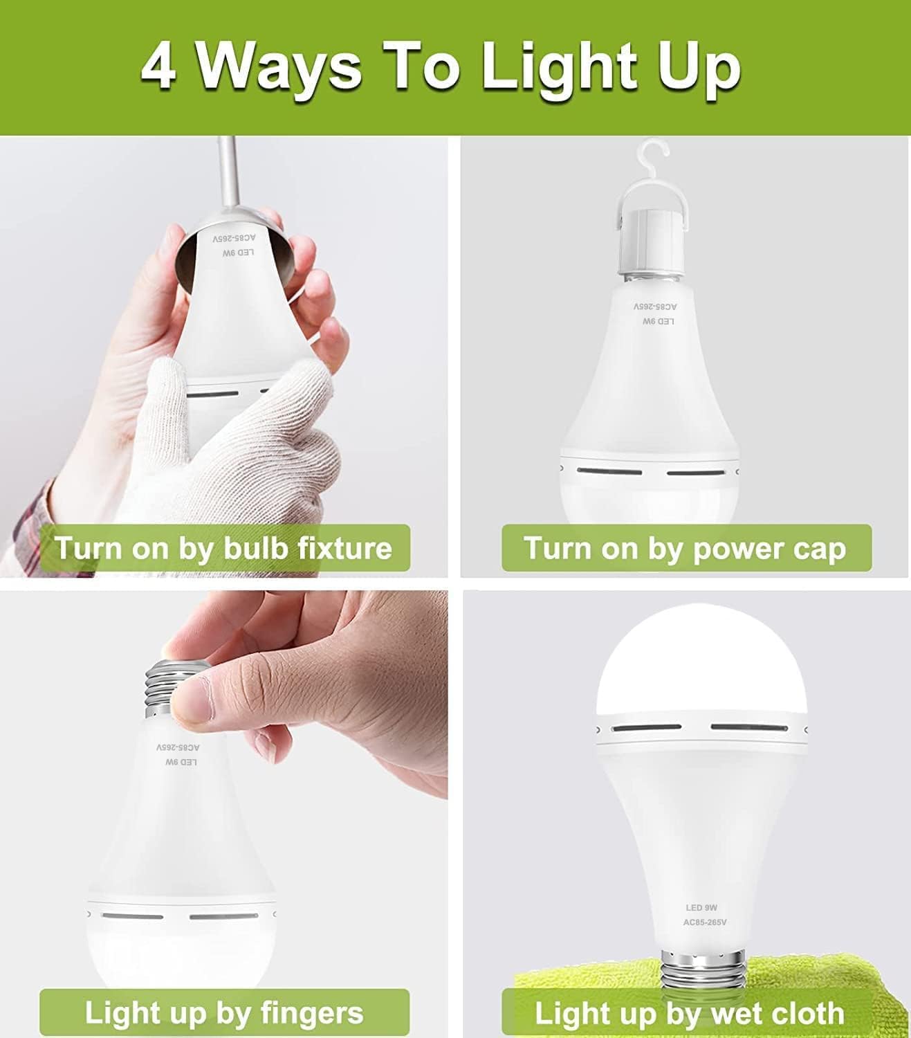 Furoching A19 Rechargeable Emergency Led Bulb, 9W 60W Equivalent Battery Backup Emergency Light With Switch Hook, E26 6000K For