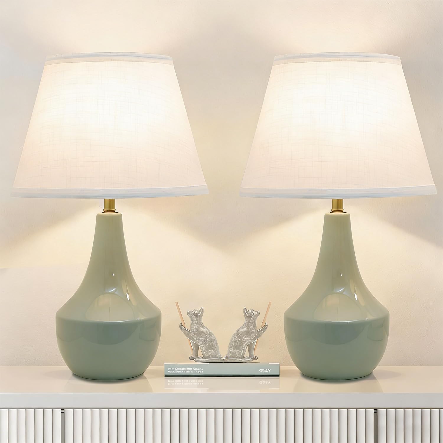 KRASTY Green Table Lamps Set of 2 19 Ceramic Bedside Desk Lamps for Nightstands with Rocker Swtich Modern Sage Green Lamps for Bedroom Offices and Livingrooms