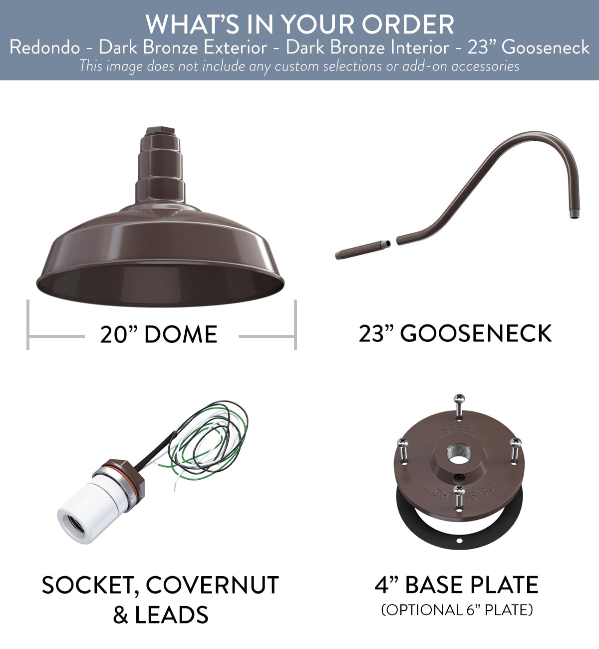 Steel Lighting Co. Redondo Barn Light - 20in Dome, 23in Gooseneck, Alloy Steel, Dark Bronze, Model S20, Outdoor Wall Mounted