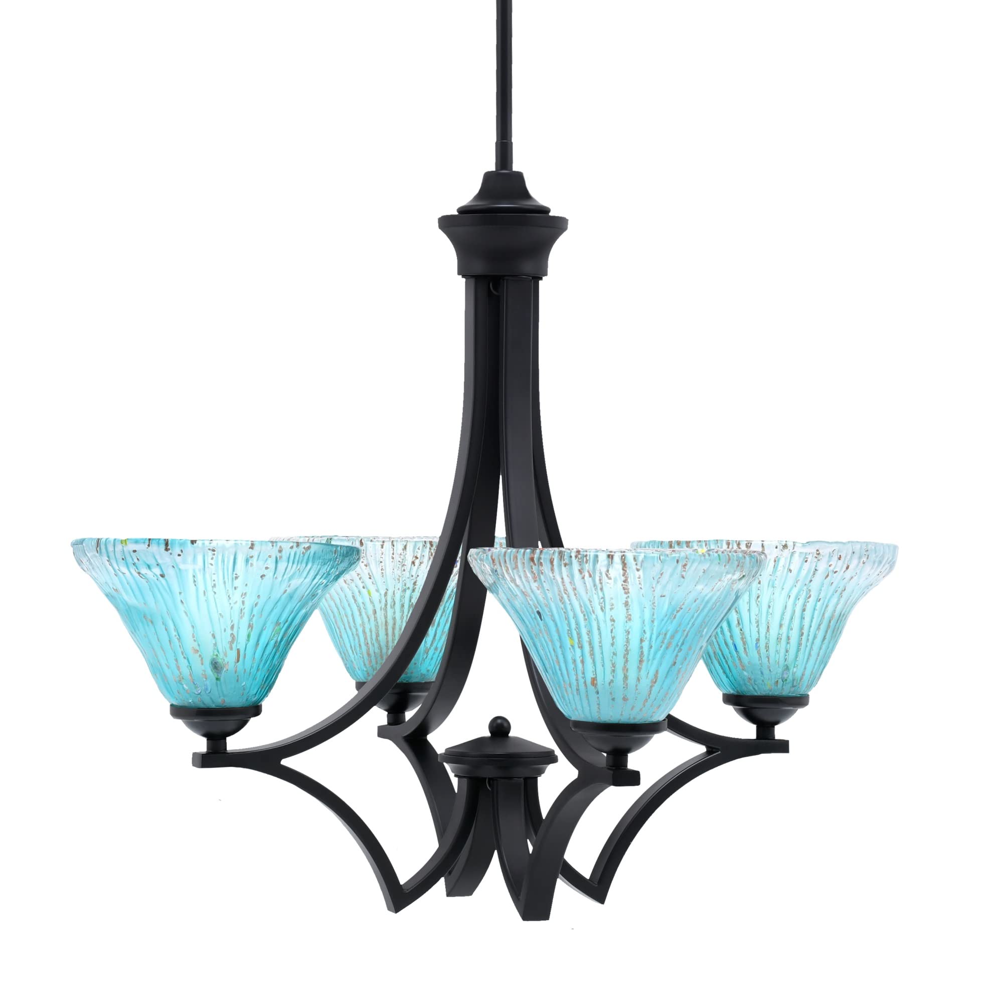 Zilo Uplight, 4 Light, Chandelier in Matte Black Finish with 7&quot; Teal Crystal Glass