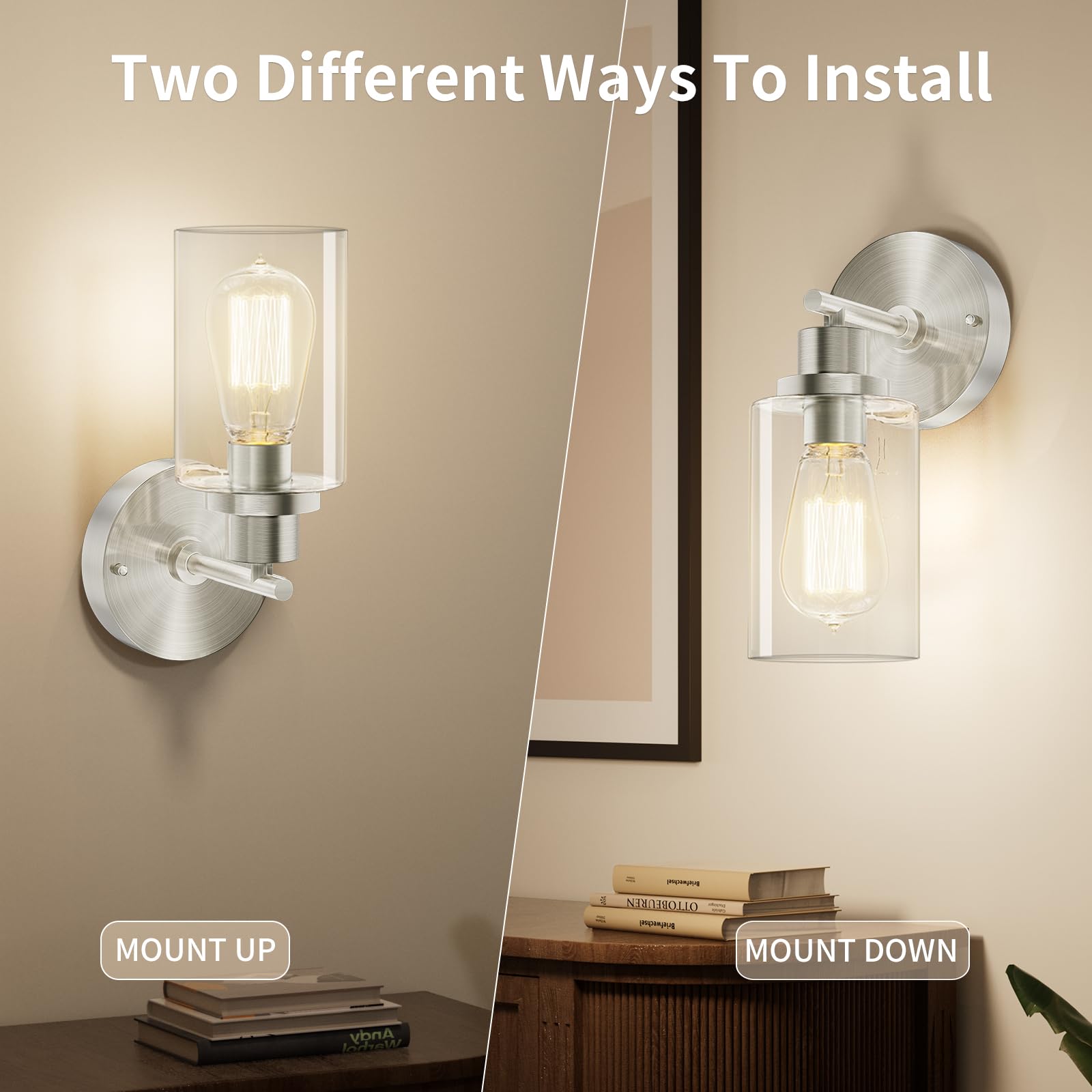 Buthy Brushed Nickel Wall Light: Led Wall Sconces Indoor, Modern Sconces Wall Lighting With E26 Base And Clear Glass Shade, Wall Light Fixtures For Bedroom, Hallway, Mirror, Living Room