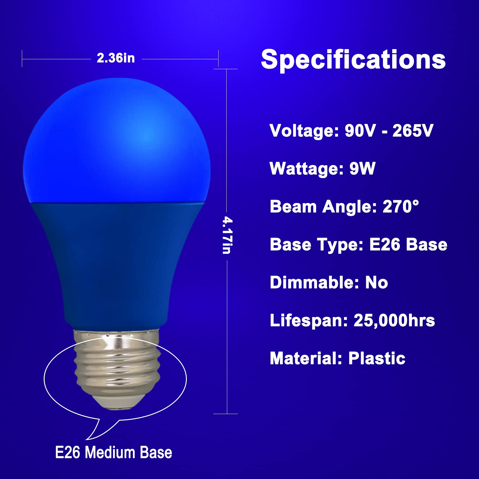 U4Glory Led Blue Light Bulbs - A19 E26 Base, 9W (60W Equivalent), 4 Pack For