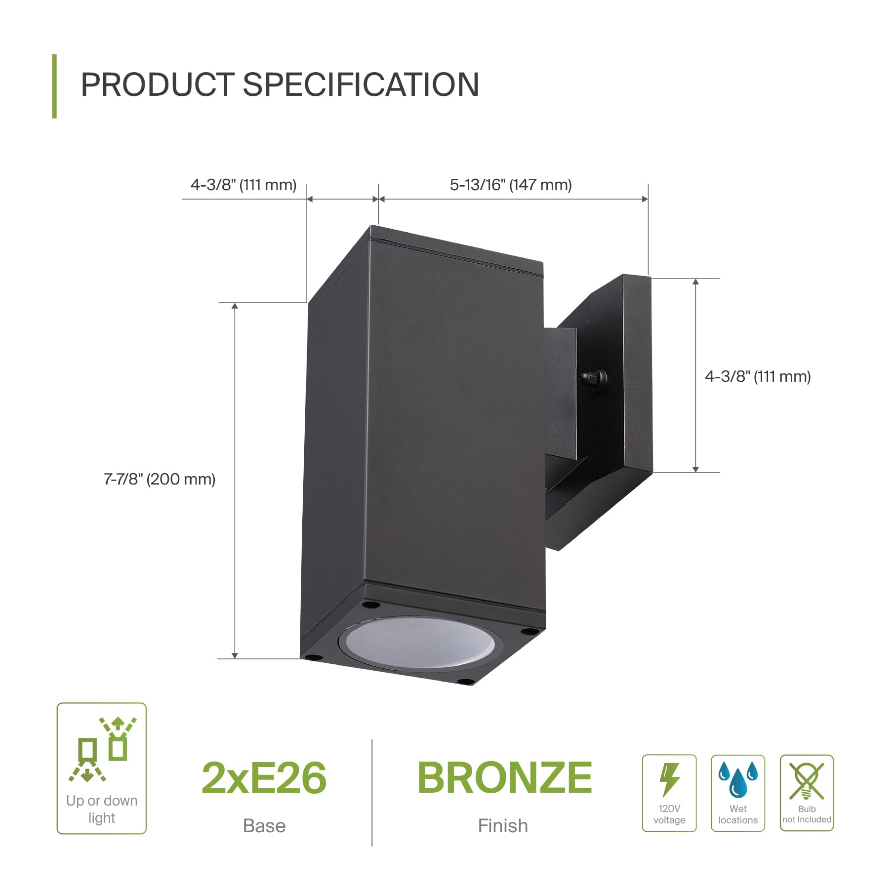 ASD 1-Way Square Cylinder Wall Light Fixture, 60W E26, Waterproof, Oil-Rubbed Bronze, Model A-OCLS-1I-2660-BZ