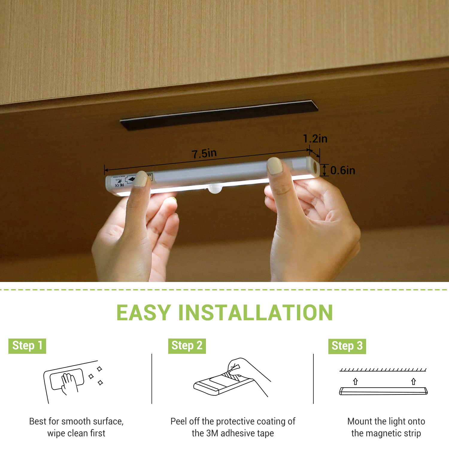 OxyLED Under Cabinet Lights, 3 Pack Motion Sensor, Battery Operated, 10 LED Strips, Wireless Indoor Lighting for Kitchen & Pantry, White