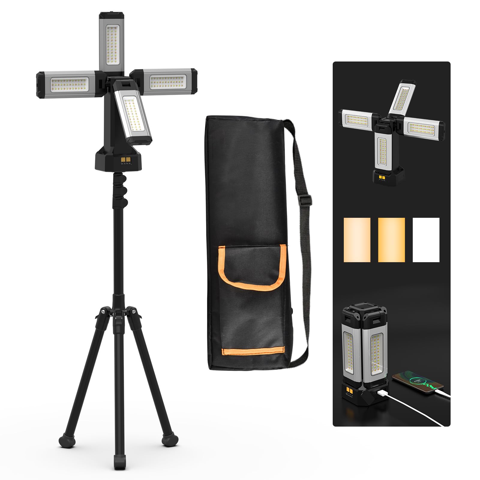 AODOO Work Light 13200mAh 8000 Lumen Cordless with 78in Folding Stand, White/Warm/Nature White, Model V3000