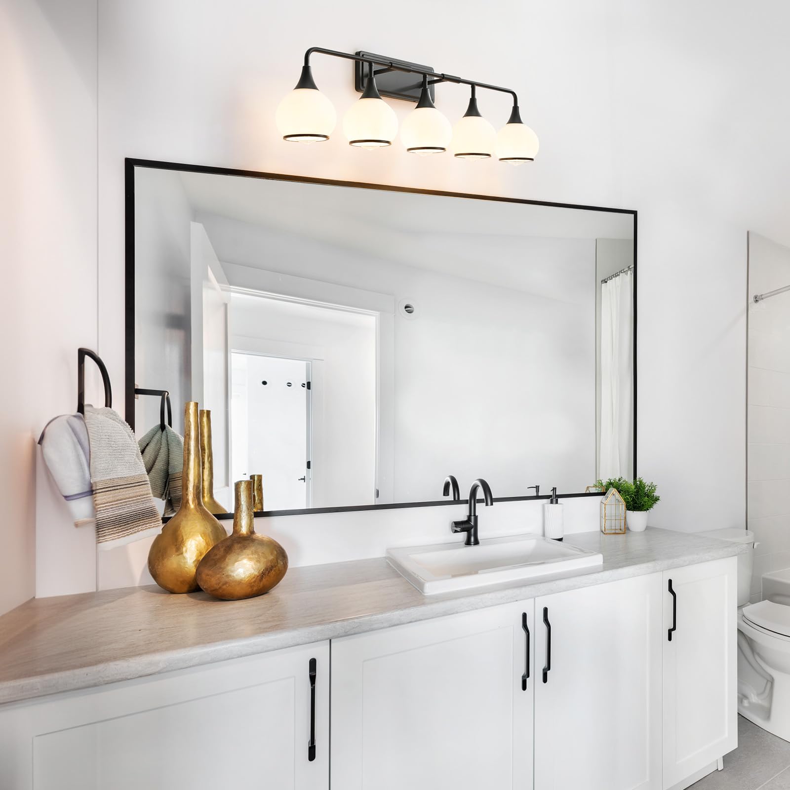 HAHZT 5-Light Black Bathroom Vanity Light Fixture with Milky White Frosted Glass Shade, Model 8033ML, 39.2 Inch Wall Sconce