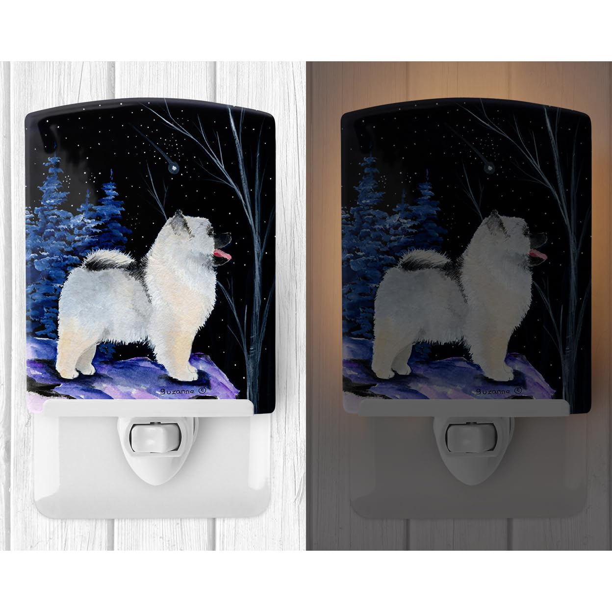 Caroline'S Treasures Ss8380Cnl Starry Night Keeshond Ceramic Night Light Compact, Ul-Certified, Ideal For Bedroom, Bathroom, Nursery, Hallway, Kitchen, 6X4X3, Multicolor