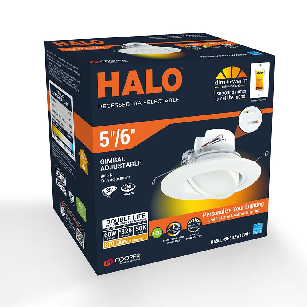 HALO RA 6-Inch Recessed LED Downlight, Adjustable Gimbal, Selectable Lumens & Color, Dim-to-Warm - RA56LS9FSD2W1EWH