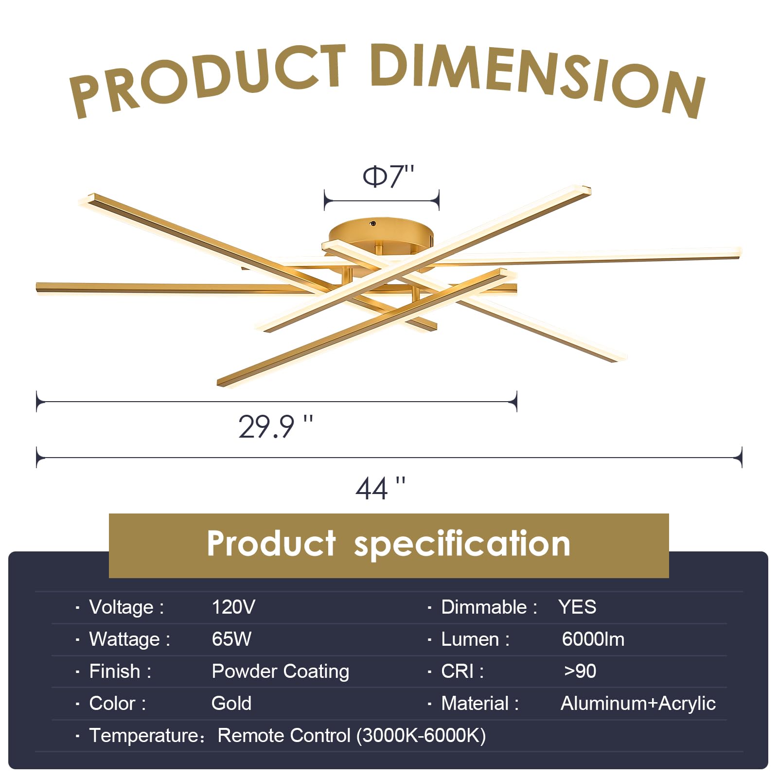 Airyphant 6-Lights Led Chandelier Modern Semi-Flush Mount Ceiling Light 44 Remote Control Ceiling Lighting Fixtures For Living Room Bedroom Kitchen Foyer