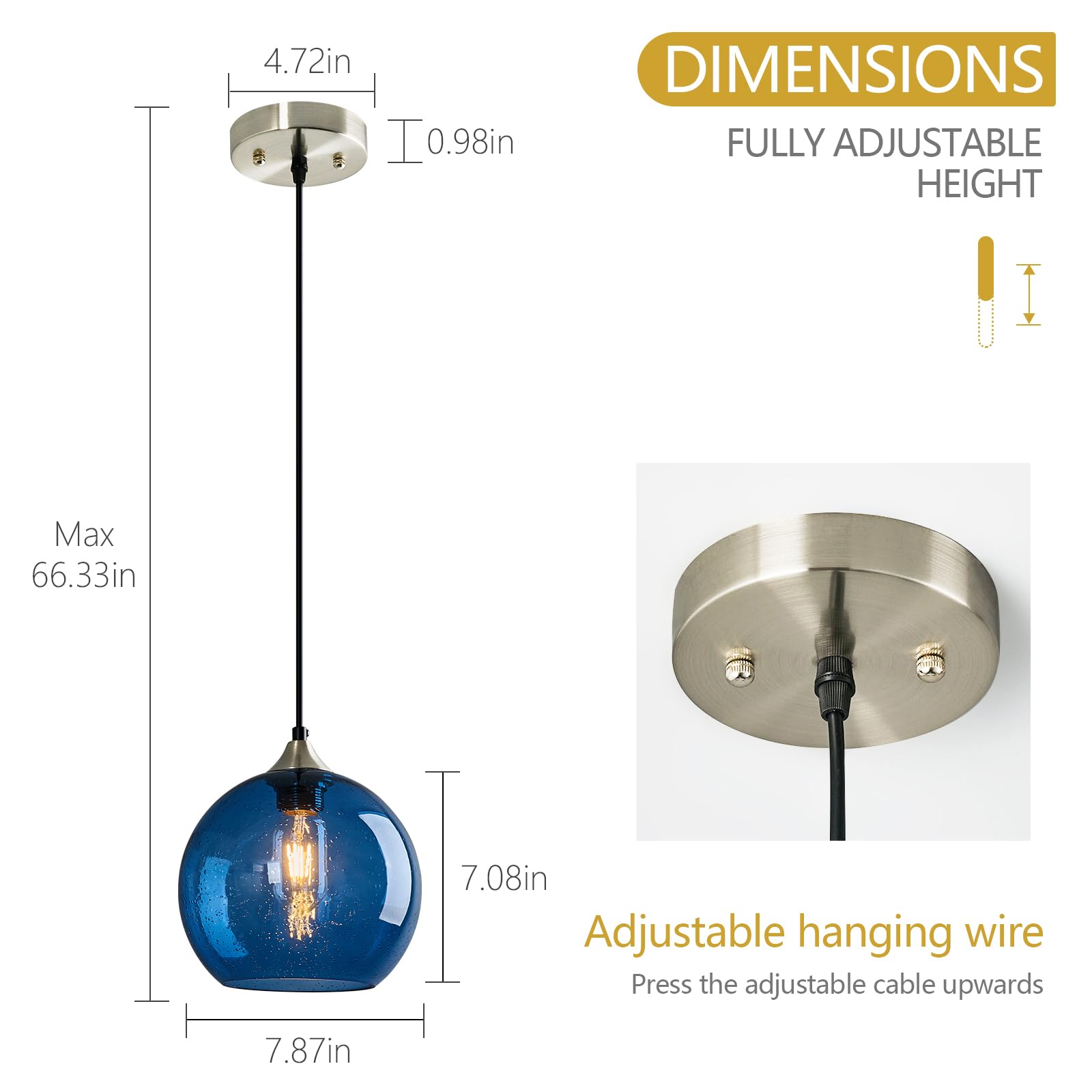 LBSQJ Blue Glass Pendant Lights 7.87in Modern Lighting Fixtures 2-Pack for Kitchen Island Bedroom Living Room