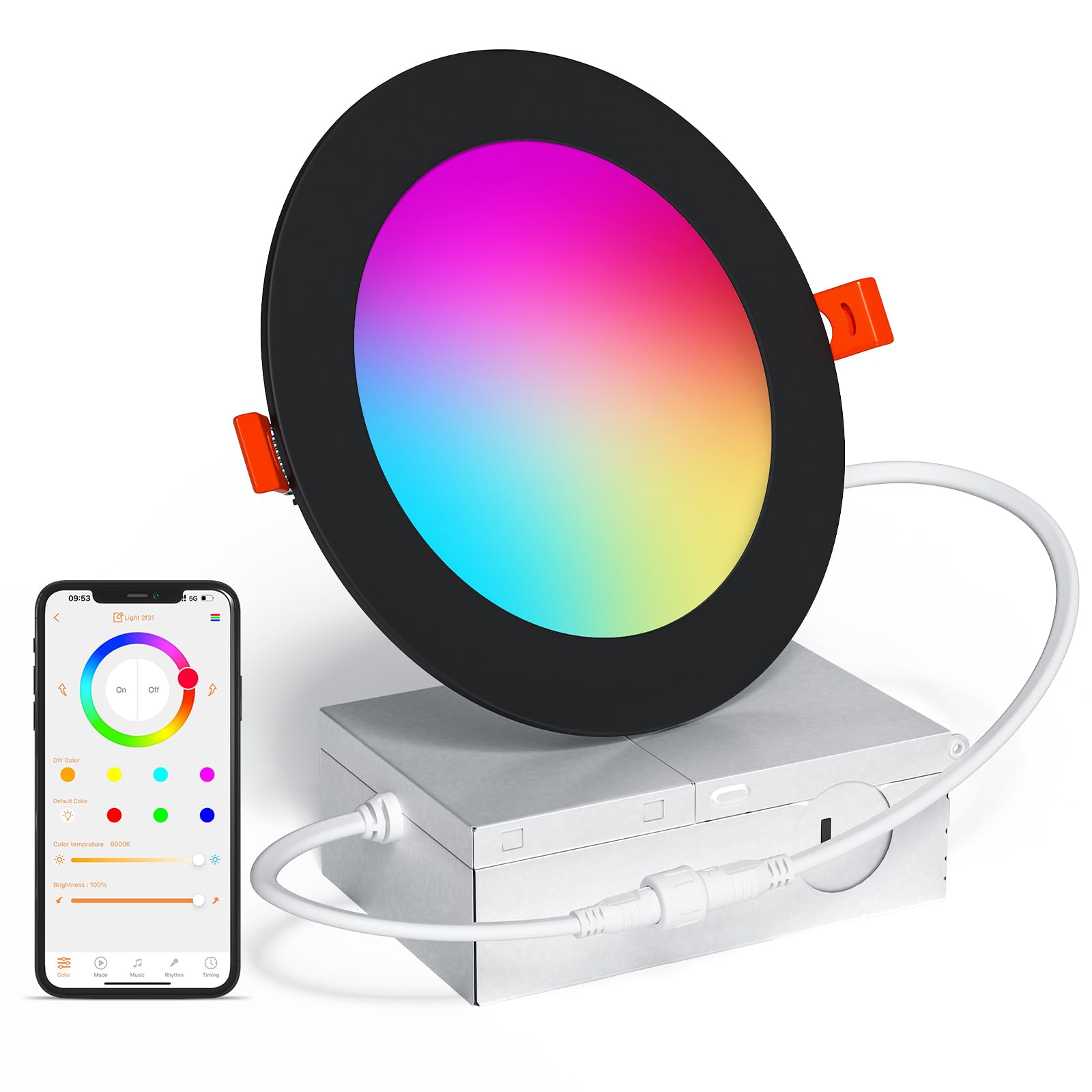 Siksog Black Smart Recessed Lighting 4 Inch Rgbcw Color Changing 12W Led Downlight With Junction Box 1000 Lumen Recessed Ceiling Light Compatible With Alexa Dimmable By Bluetooth Control -1Pack