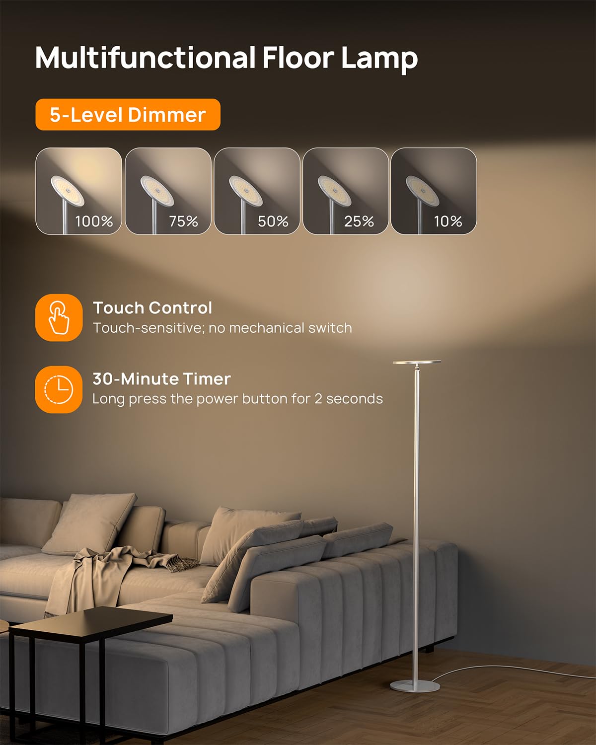 TROND Floor Lamp - 5000LM LED Torchiere, 71" Tall, Warm White 3000K, Dimmable, Aluminum, Silver, Model Halo X