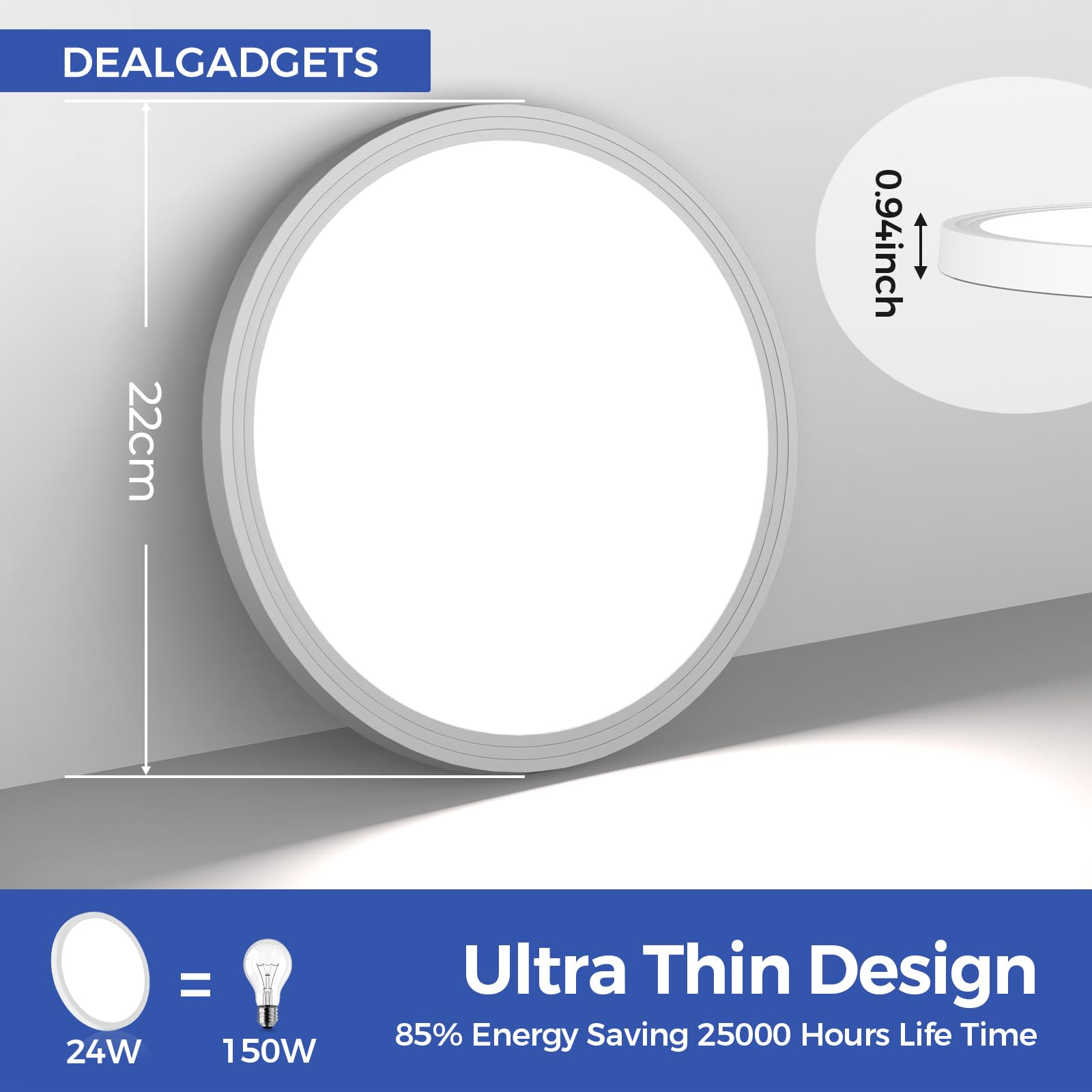 DEALGADGETS Flush Mount Ceiling Light, 24W Ultra Thin Round LED Lamp, 6000K, 2200LM, 9-Inch, White, Model DJ-XDD-US