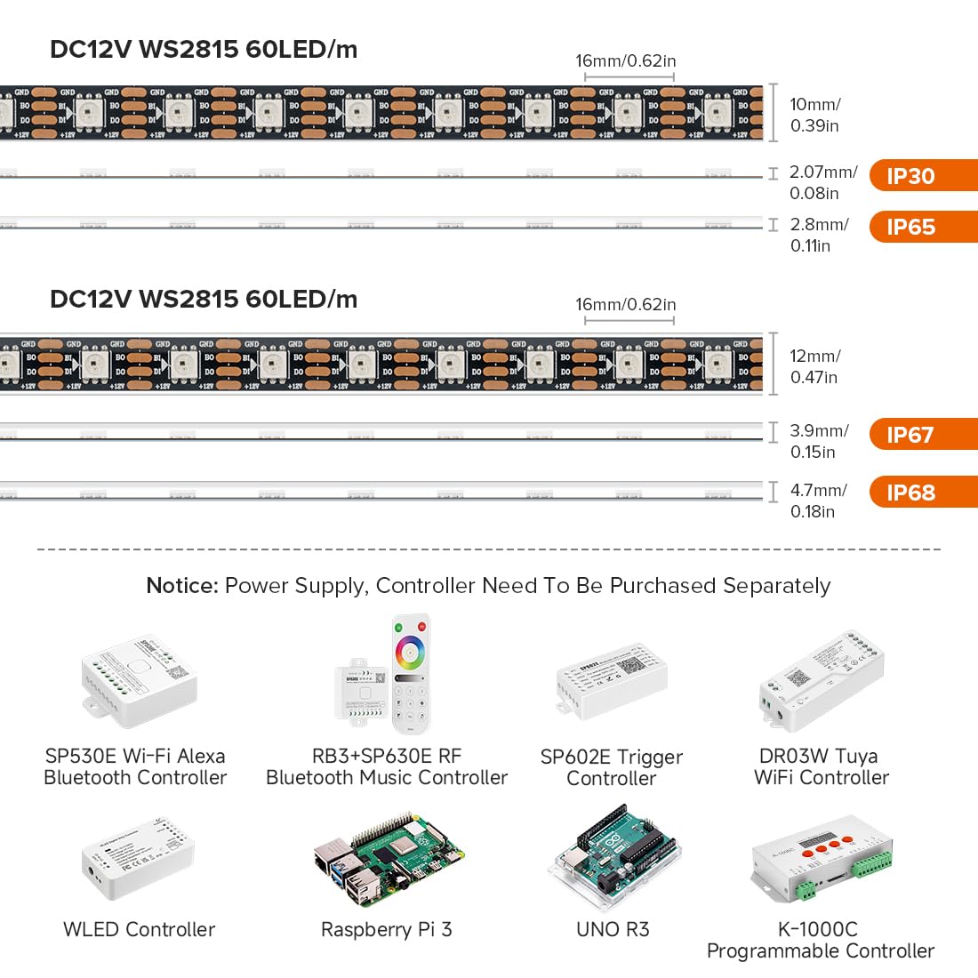 BTF-LIGHTING WS2815 RGB LED Strip Light 16.4ft 300LEDs IP67 Waterproof Black PCB Copper