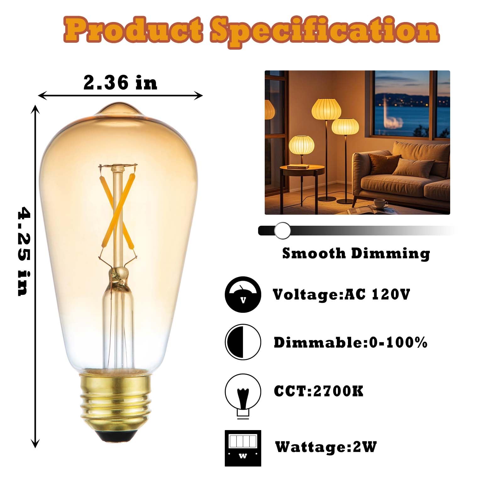 Flmamt Led Light Bulbs, Dimmable Vintage Light Bulb 25 Watt Equivalent, E26 Filament Bulbs, St19 Antique Amber Glass Bulbs Warm