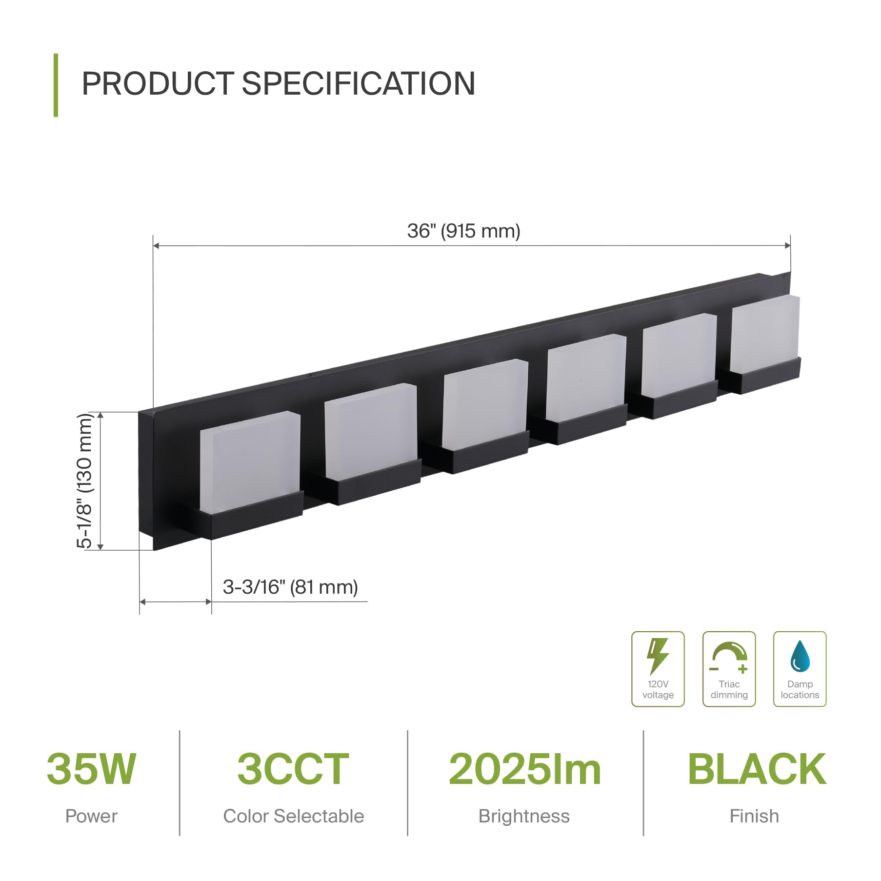 ASD 36in Bathroom Vanity Light Fixture, 6-Lights, Dimmable, ETL Listed, Black, Model A-LVF24M-6D35CC-BK