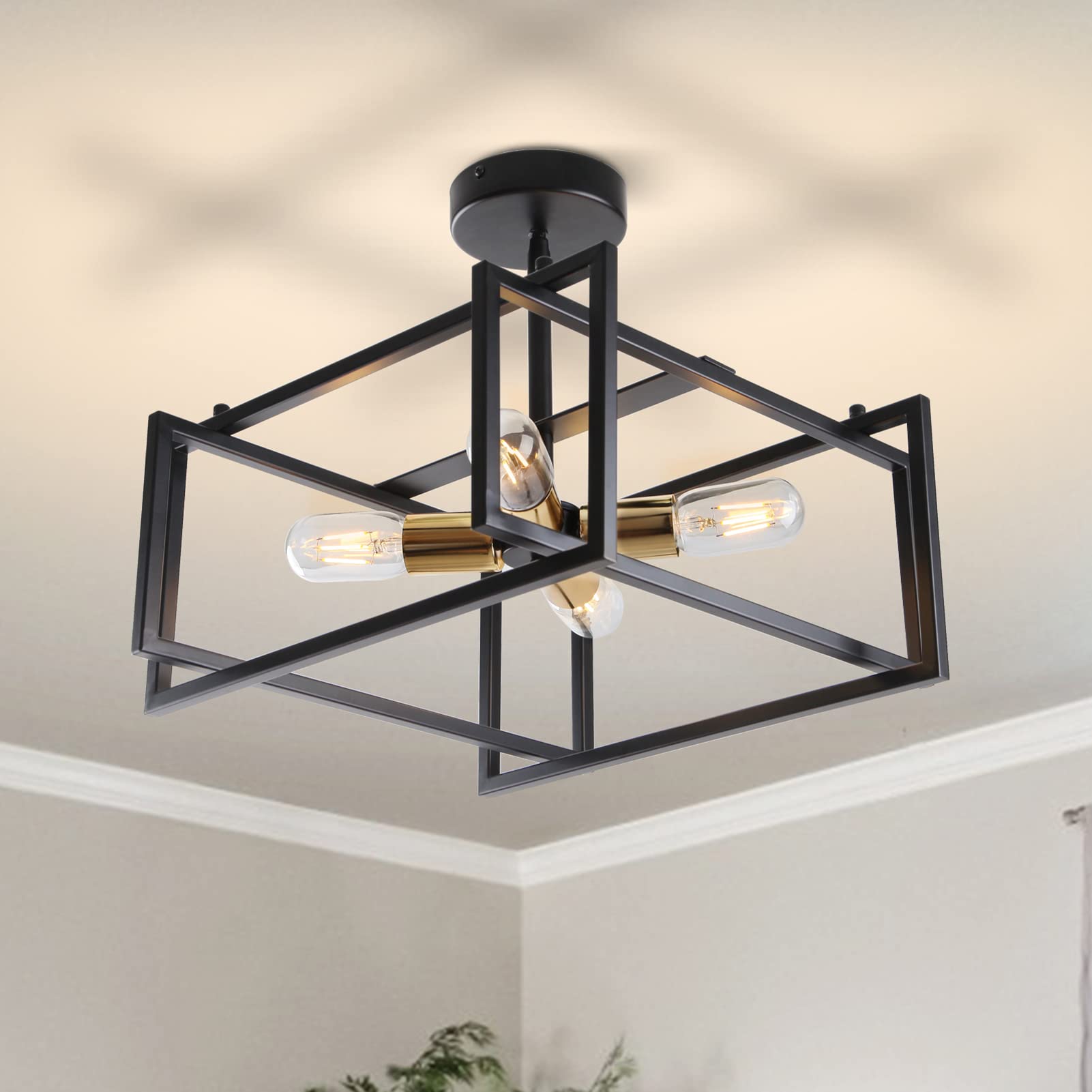 HuisMier Industrial Semi Flush Mount Ceiling Light, 4-Light Farmhouse Ceiling Lights Fixture, Black and Gold Metal Close to Ceil