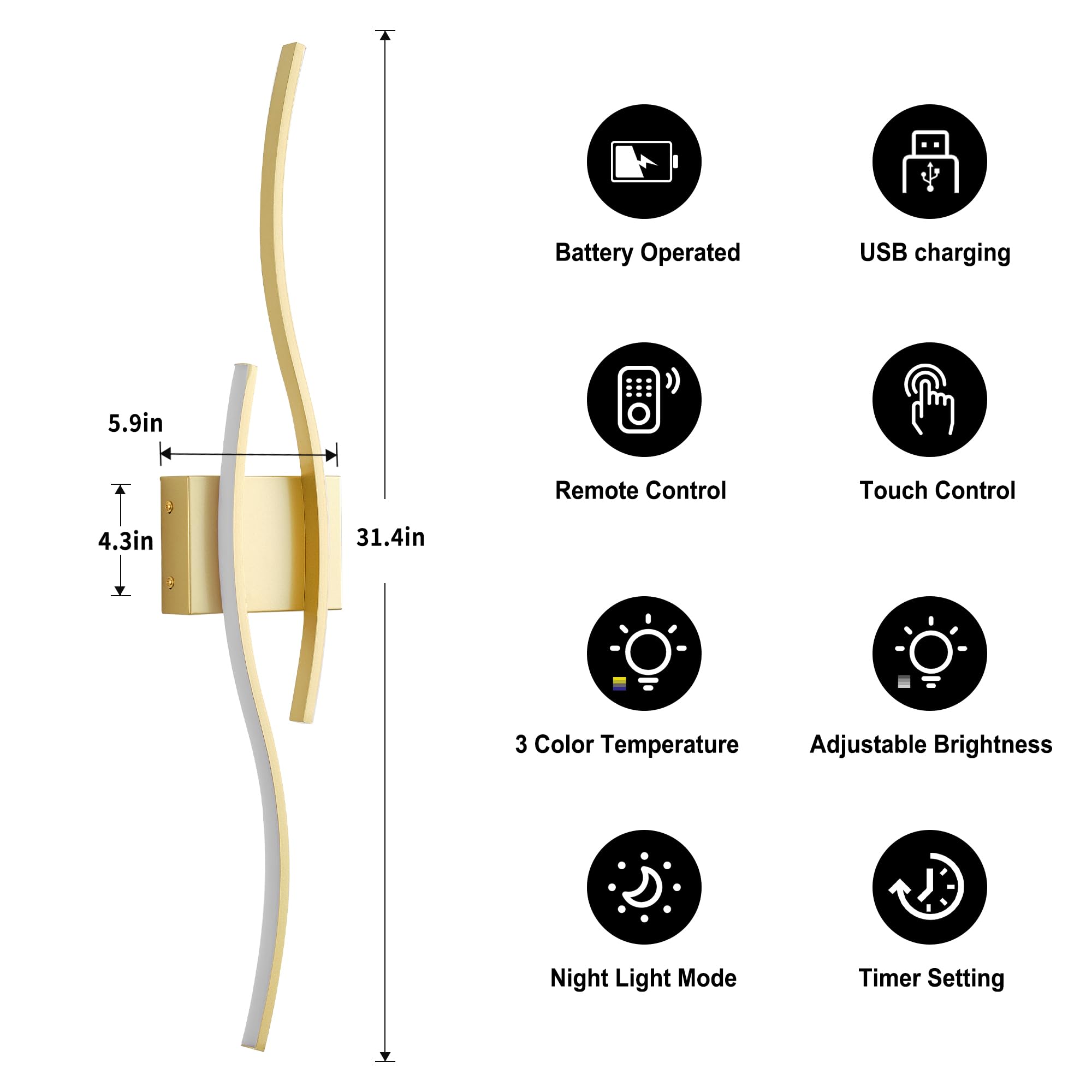 KARTOOSH Wall Sconces Set of 2 - Gold Metal, Dimmable LED, Remote Control, 31.4 Inch, Modern Design for Living Room, Bedroom, Hallway