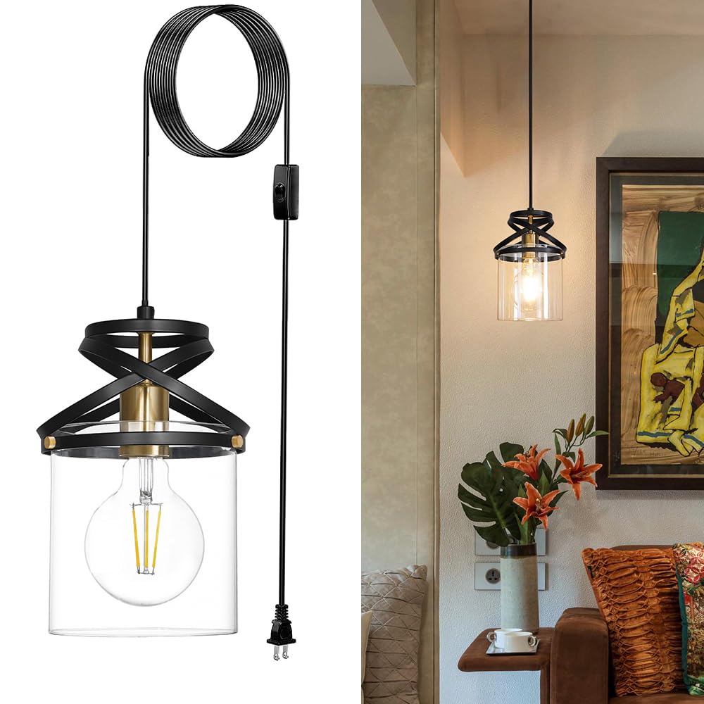 Modern Black and Gold Plug in Hanging Lamp - 16.4ft Adjustable Corded Pendant Light with 5.9 Clear Glass Shade - Kitchen Island 