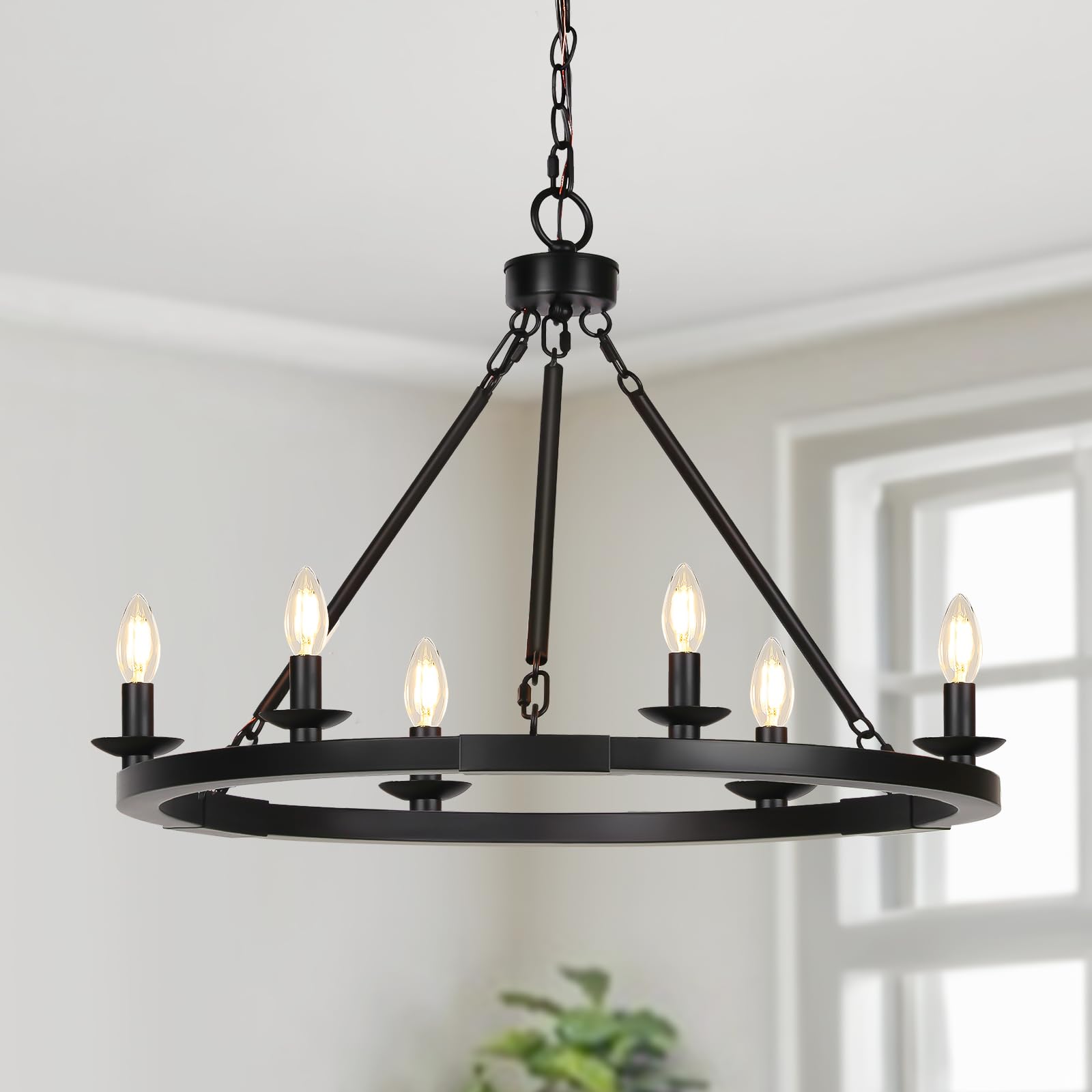 Seaside Village Black Farmhouse Chandelier, 6-Light Wagon Wheel, Adjustable Height, Metal, Model S-PL-YX