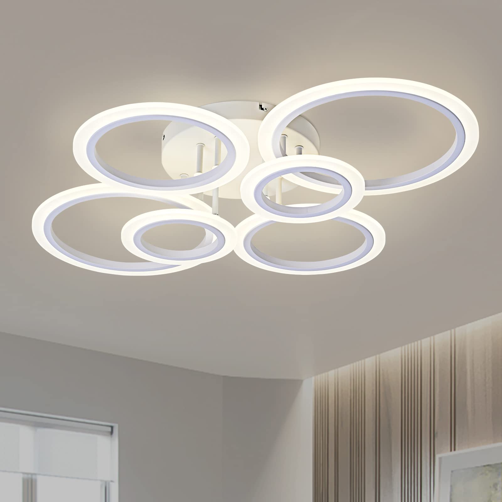 Teminbu Modern Led Ceiling Light, White 6 Rings Flush Mount Ceiling Light, 4000K Lighting Fixture Ceiling Lamp For Kitchen, Bedroom, Living Room, Laundry Room