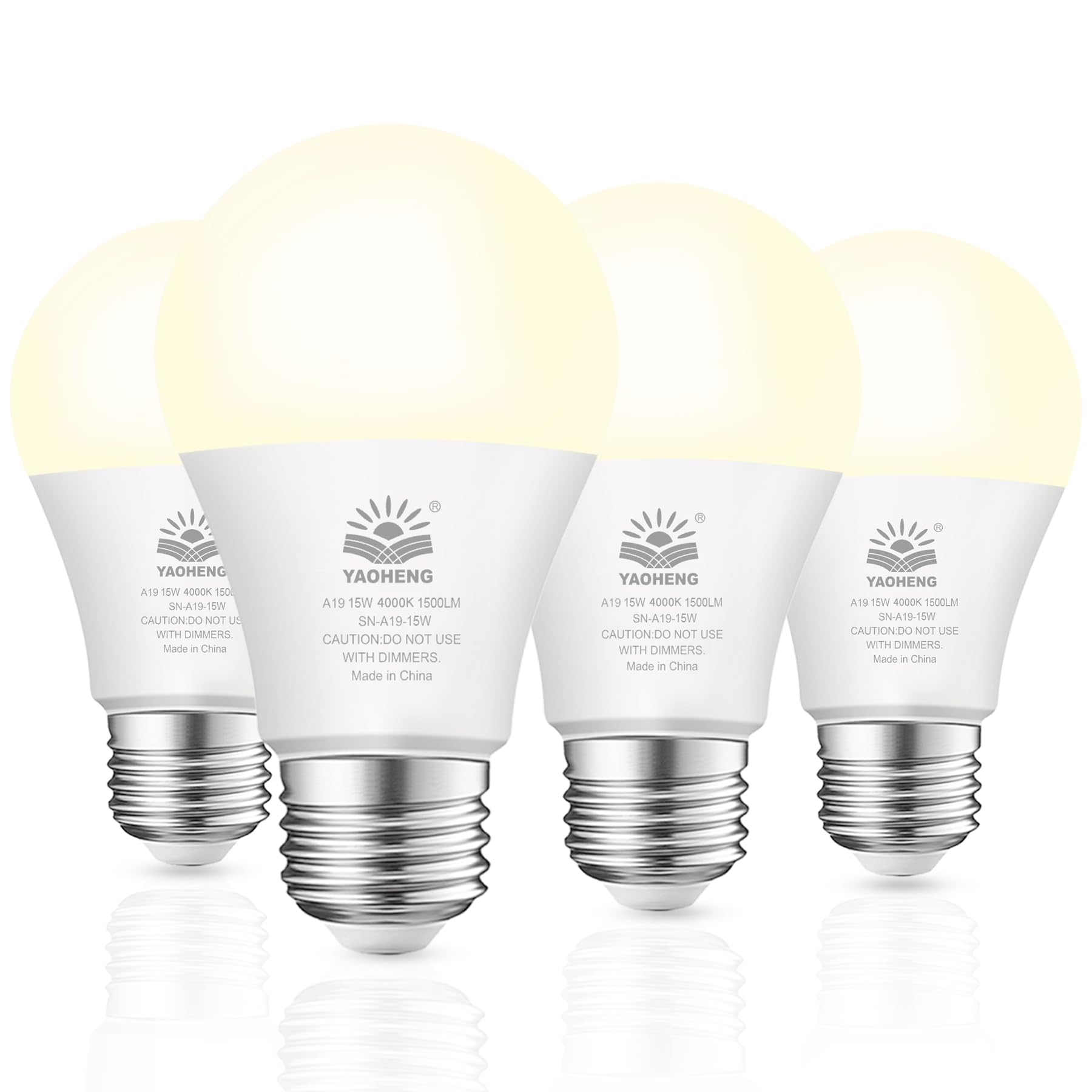 YAOHENG A19 LED Light Bulb 100W Equivalent 4000K Neutral White 1500 Lumens 15W Non-Dimmable 4-Pack