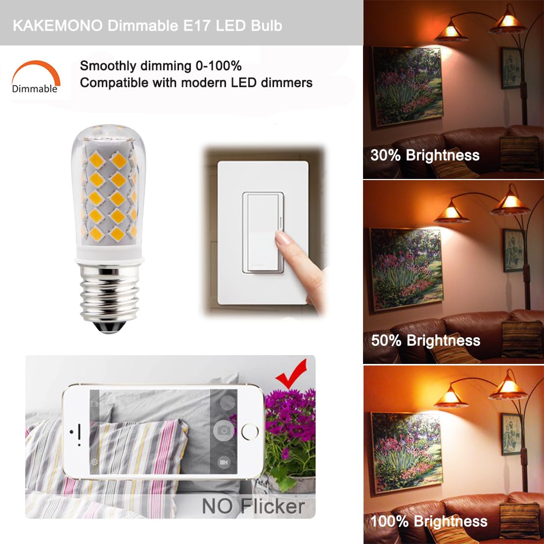 Kakemono Dimmable E17 Led Ceiling Fan Light Bulb 4W, 40W Halogen Equivalent,2700K Warm White 120V E17 Intermediate Base For Desk