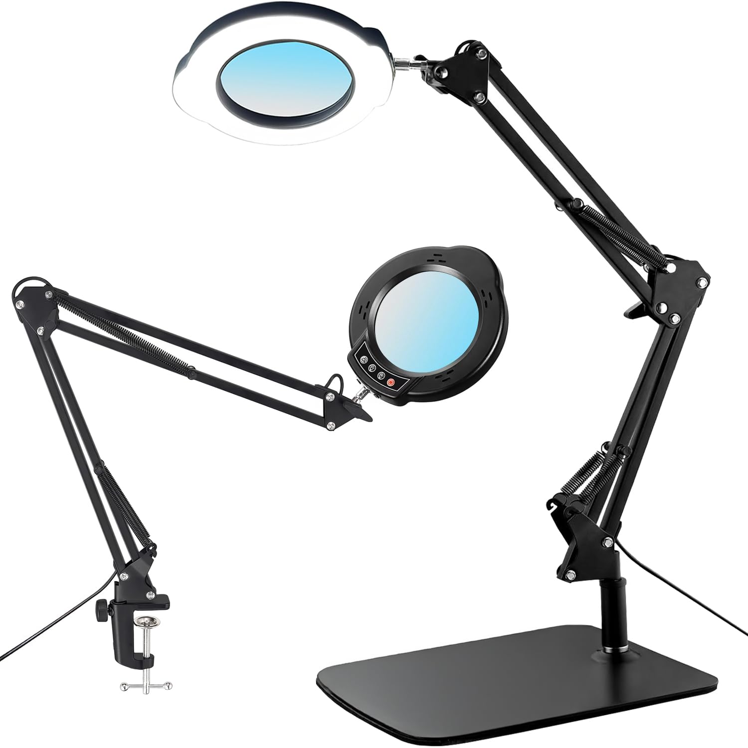 15X Magnifying Glass Desk Lamp With Metal Base, 5 Color Modes 10 Levels Adjustable Brightness, 360 Rotatable Flexible Aluminum A