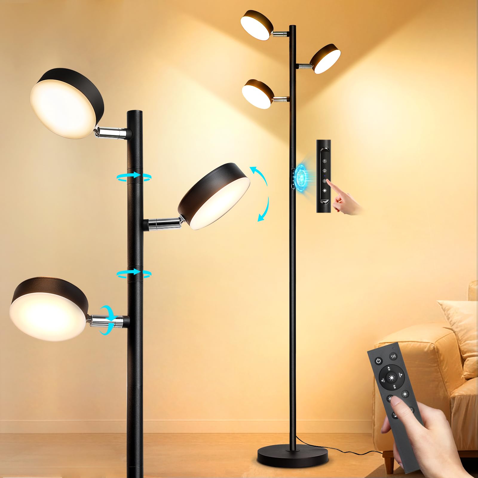 Benaep Tree Floor Lamp for Living Room - Modern Black Standing Lamp, LED Floor Light with Remote & Touch, 3000K-6000K Dimmable f