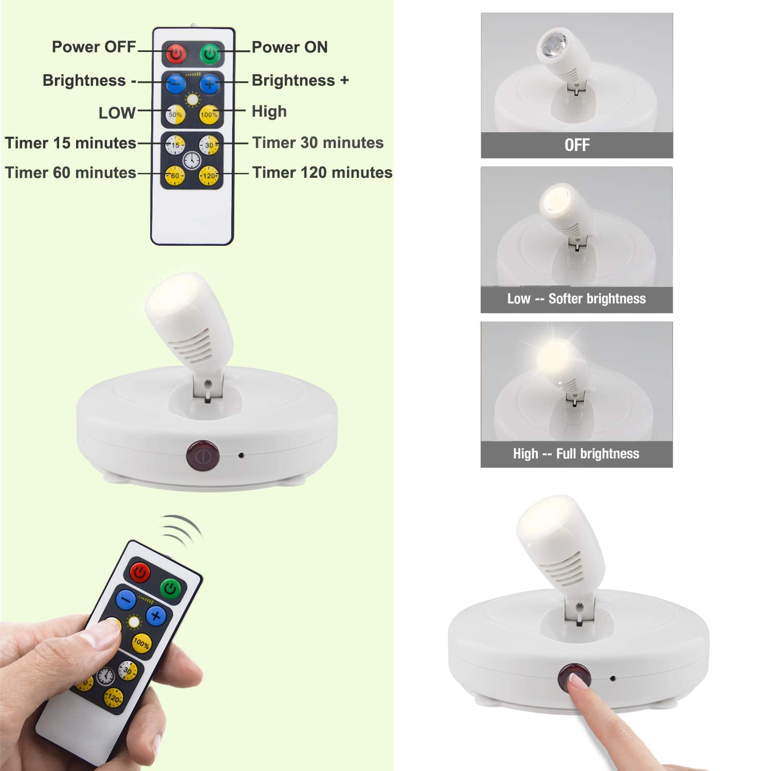 HONWELL Wireless LED Spotlights 2 Pack, White Accent Puck Lights with Remote, Model H624IR for Indoor Lighting