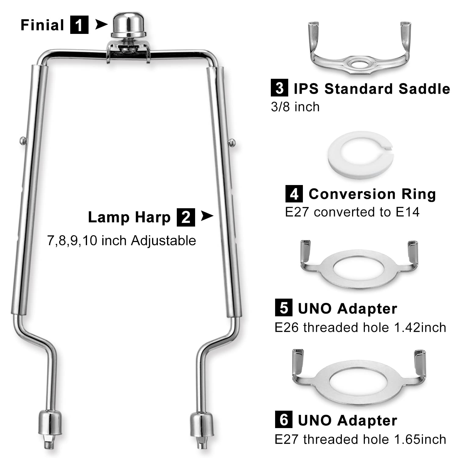 Lamp Harp Kit, 7 8 9 10 Inch Adjustable Lamp Shade Holder, Hardware Parts Included Harp Frame And Finials, Standard Saddle, E14