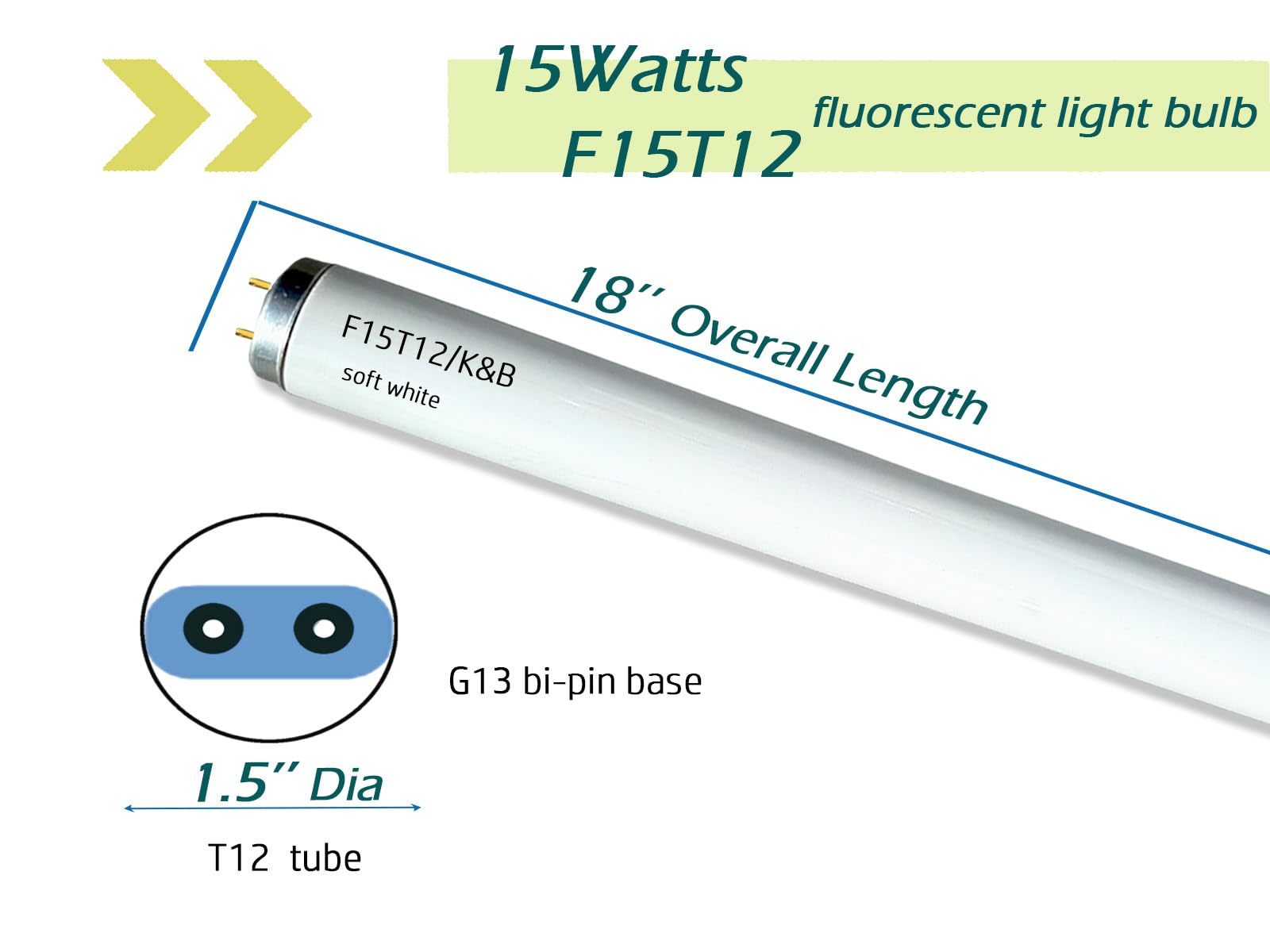 F15T12-KB 15 Watt Fluorescent Light Bulb,18 Linear 3000K Soft White T12 Tube Diameter 1.5 inch, Warm White Lighting Replacement