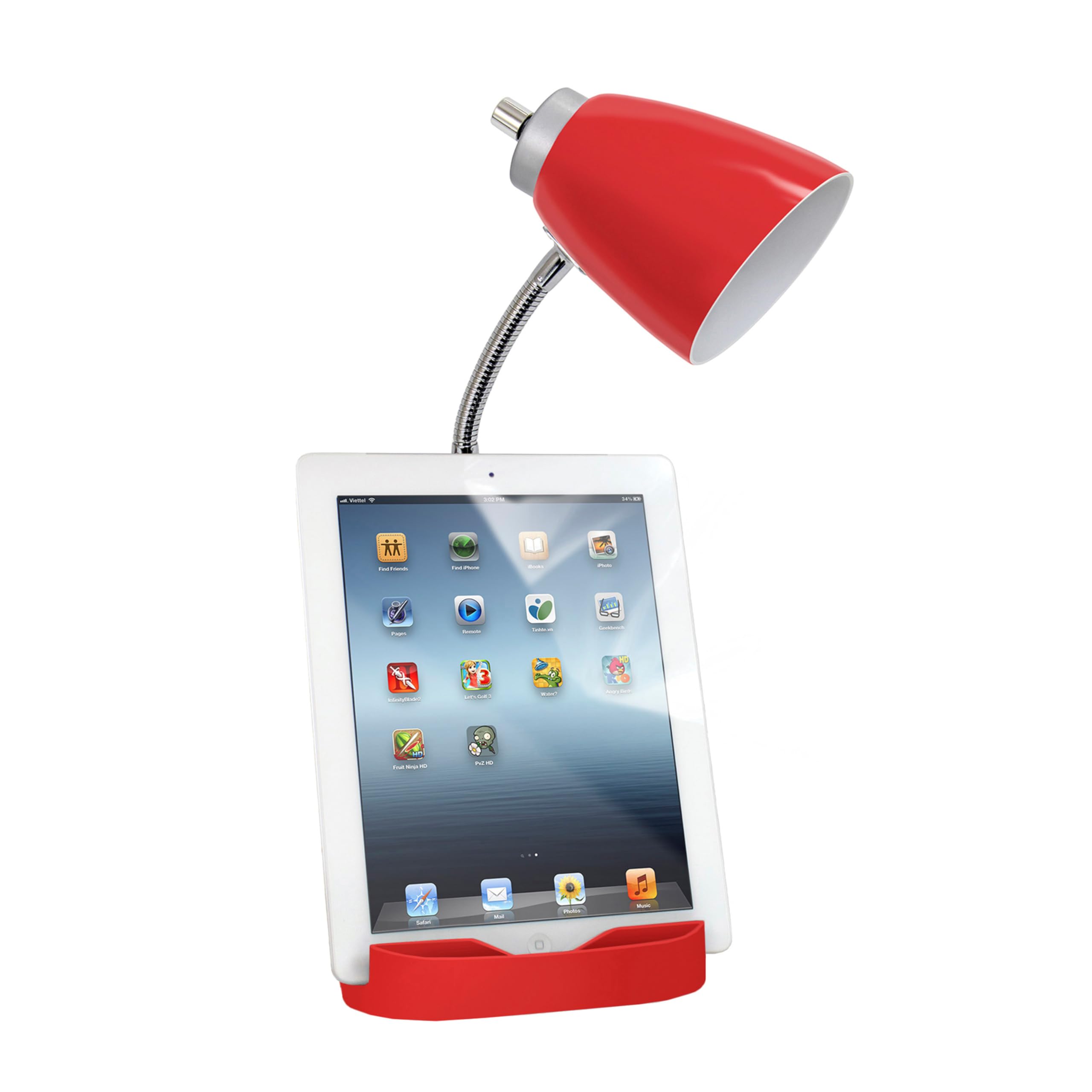 Simple Designs LD1094-RED 18.5 All-in-One Gooseneck Desk Lamp with iPad Stand, Book Holder, and Convenient Charging Outlet, for
