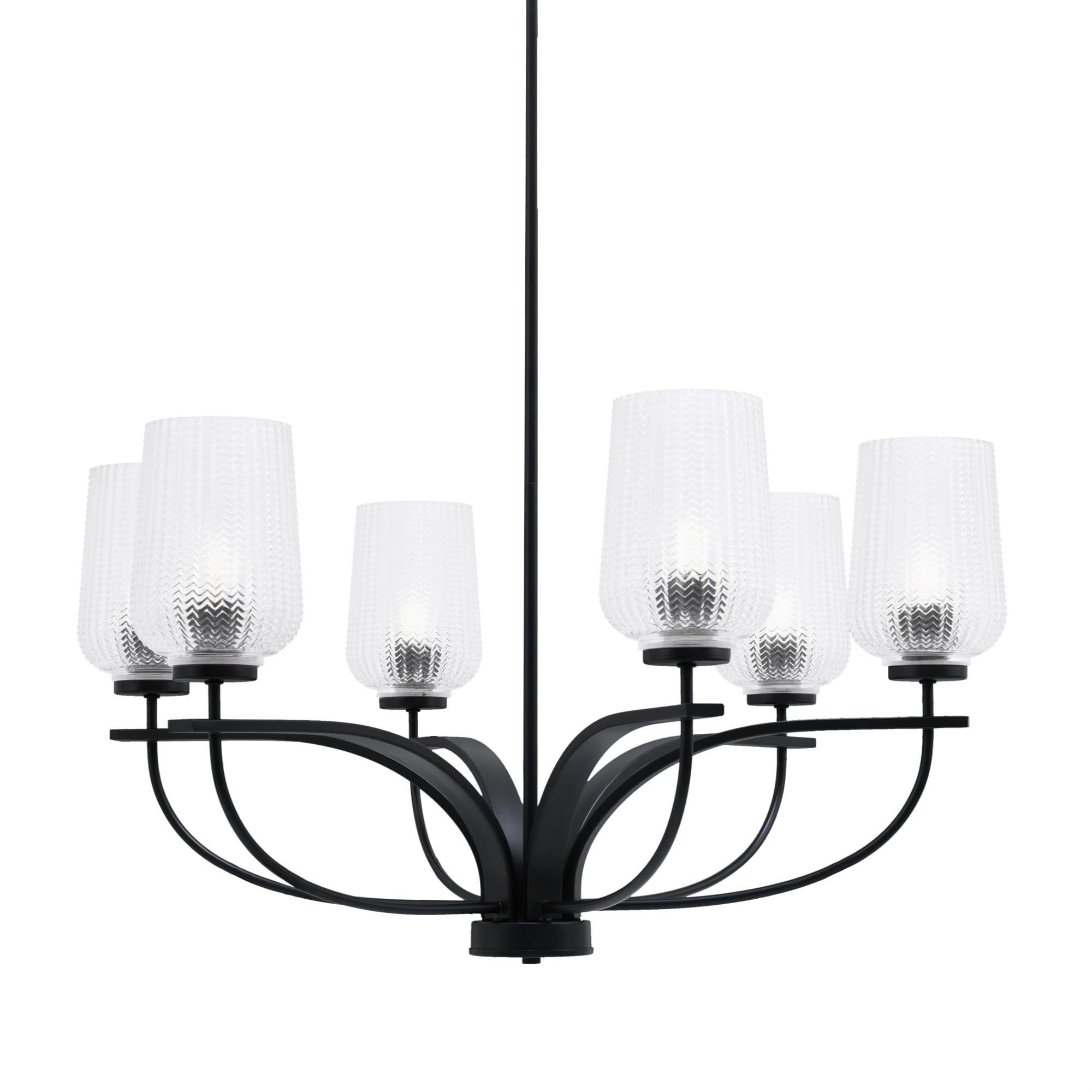 Toltec Lighting Cavella 6 Light Chandelier Shown in Matte Black Finish with 5&quot; Clear Textured Glass