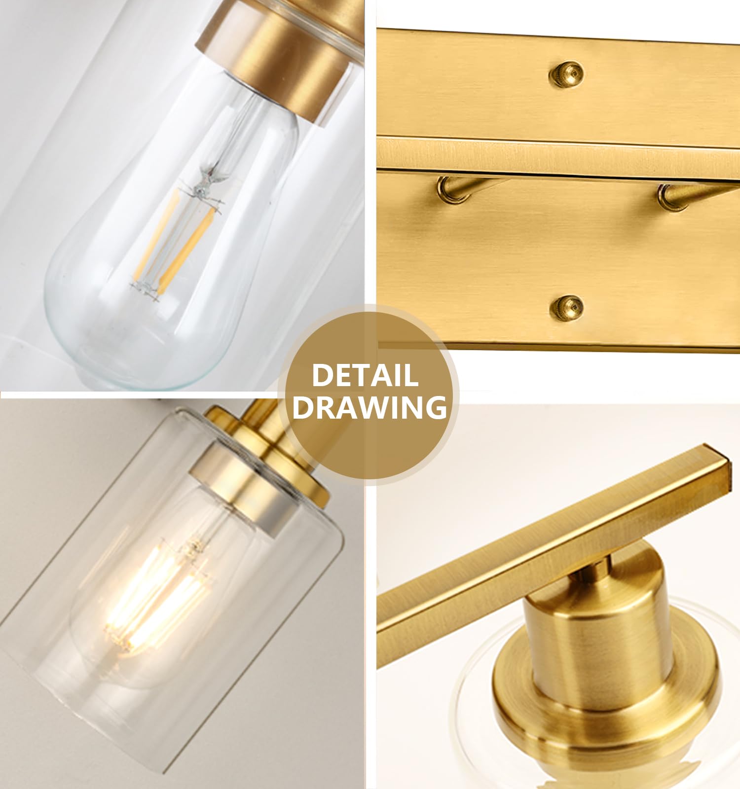 SANGFOR Gold Bathroom Vanity Light Fixture, 2-Light Brushed Gold, Clear Glass Shade, E26 Base, Modern Design