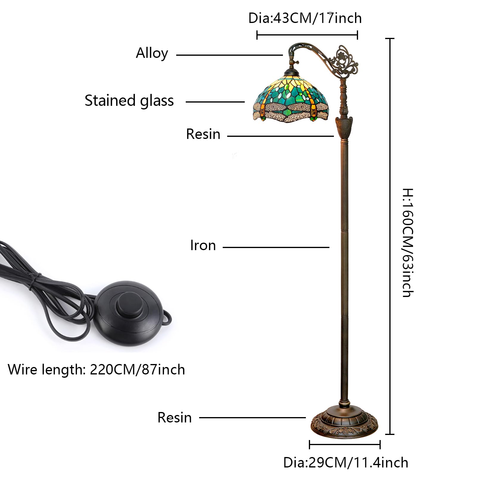 Blivuself Tiffany Floor Lamp - Green Dragonfly Stained Glass, Adjustable Gooseneck, 63" Tall for Living Room, Bedroom, Office