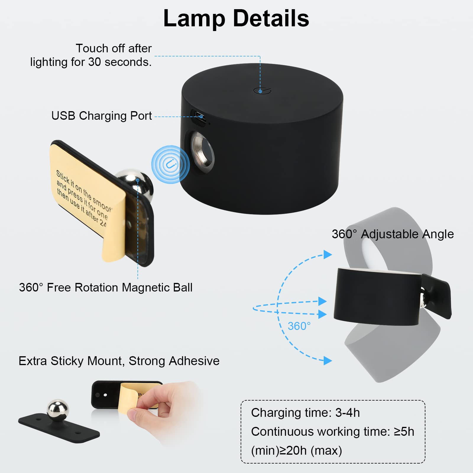 Lightess 2PC LED Wall Sconces, 19 Colors Dimmable Wall Mounted Lamp with Rechargeable Battery Operated USB, 360Rotate Magnetic B