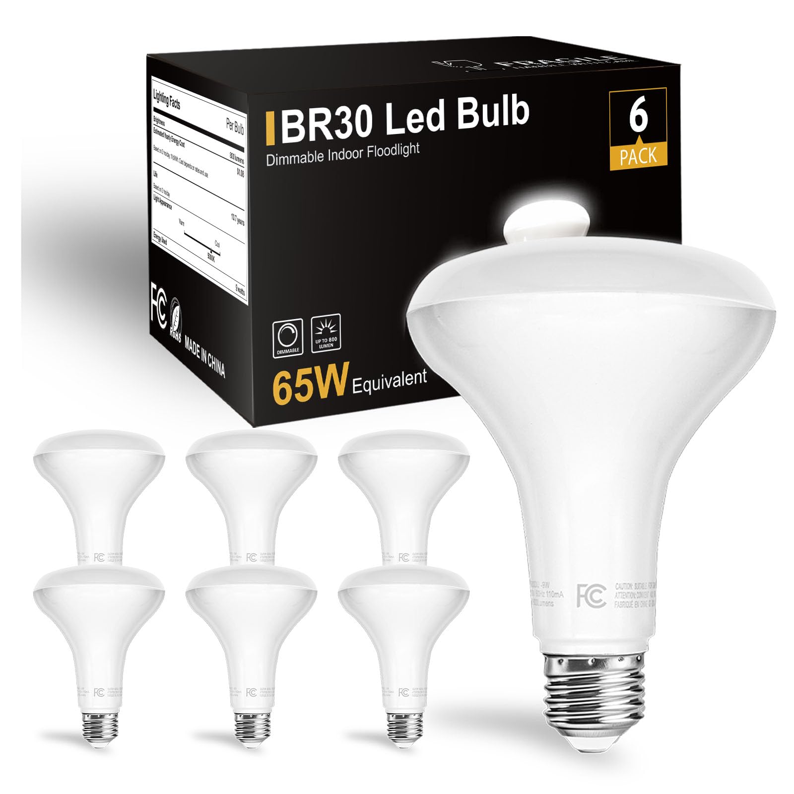 Dalattin 6 Pack Br30 Led Bulbs 65W Equivalent, Dimmable Indoor Flood Lights 5000K Daylight White, 9W, 800 Lumens, E26 Base, Led 