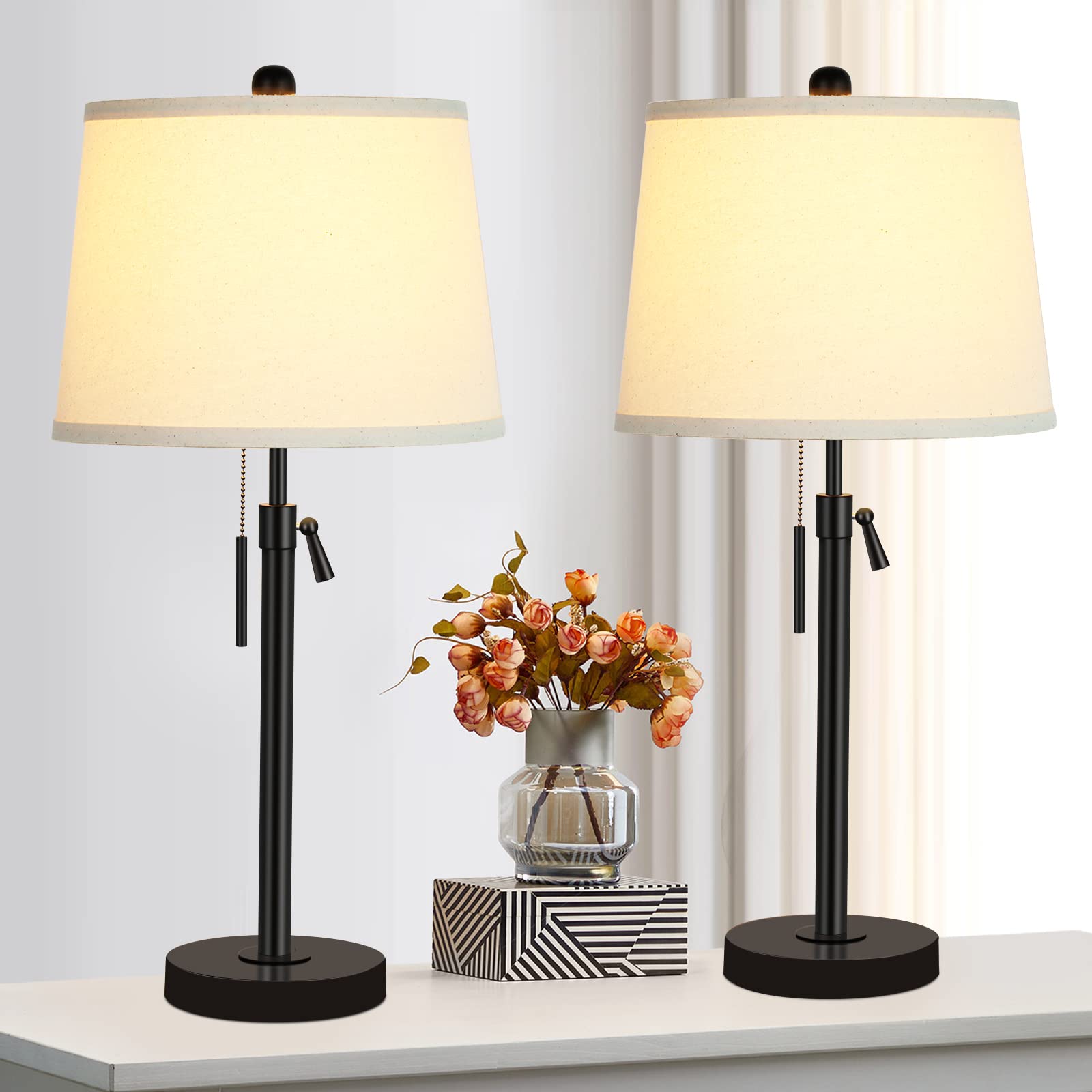 Bedside Table Lamps Set Of 2: Tall Black Table Lamps For Living Room End Table | Height Adjustable 3-Way Dimmable Nightstand Lamp With Pull Chain Switch Modern Lamps For Bedroom Office(Bulbs Included)