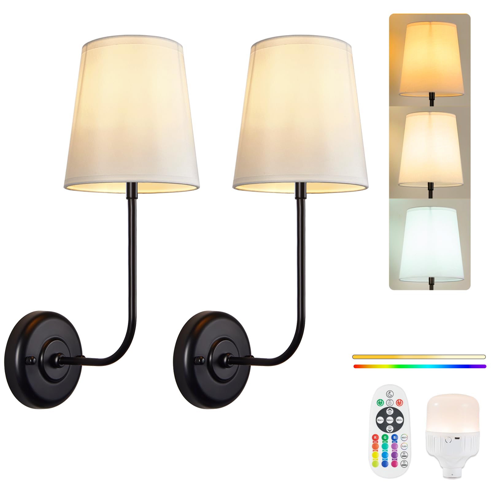 PASSICA DECOR Battery Operated Wall Sconces Set of Two, Rechargeable, Dimmable Bulbs, Remote Control, Black, Model U102-01-DP