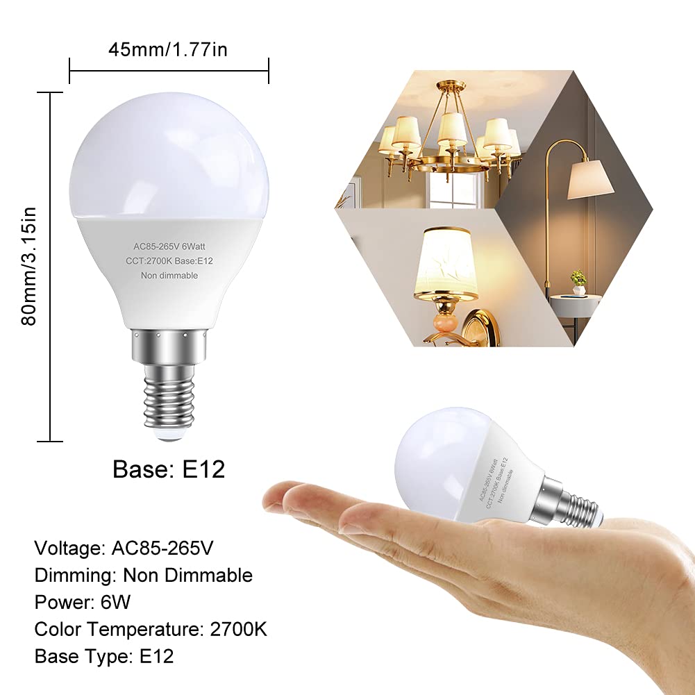 6 Pack E12 Led Candelabra Light Bulbs, 60 Watt Equivalent, Warm White 2700K, 120V Chandelier Llight Bulb, A15 / G45 Shape Ceilin