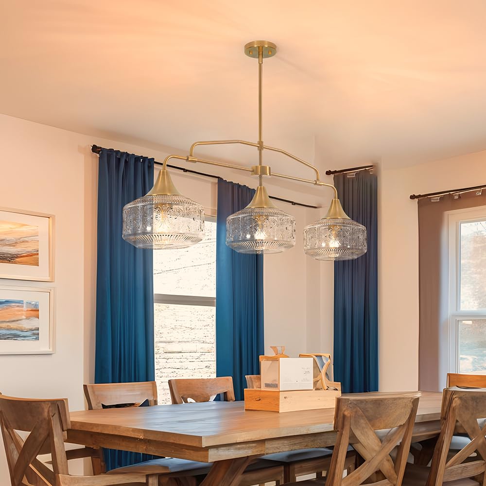 DSMJFU Farmhouse 3-Light Adjustable Pendant Lighting, 37.4in, Gold Clear Glass Shades, Model 250614, Industrial Chandelier for Modern Decor