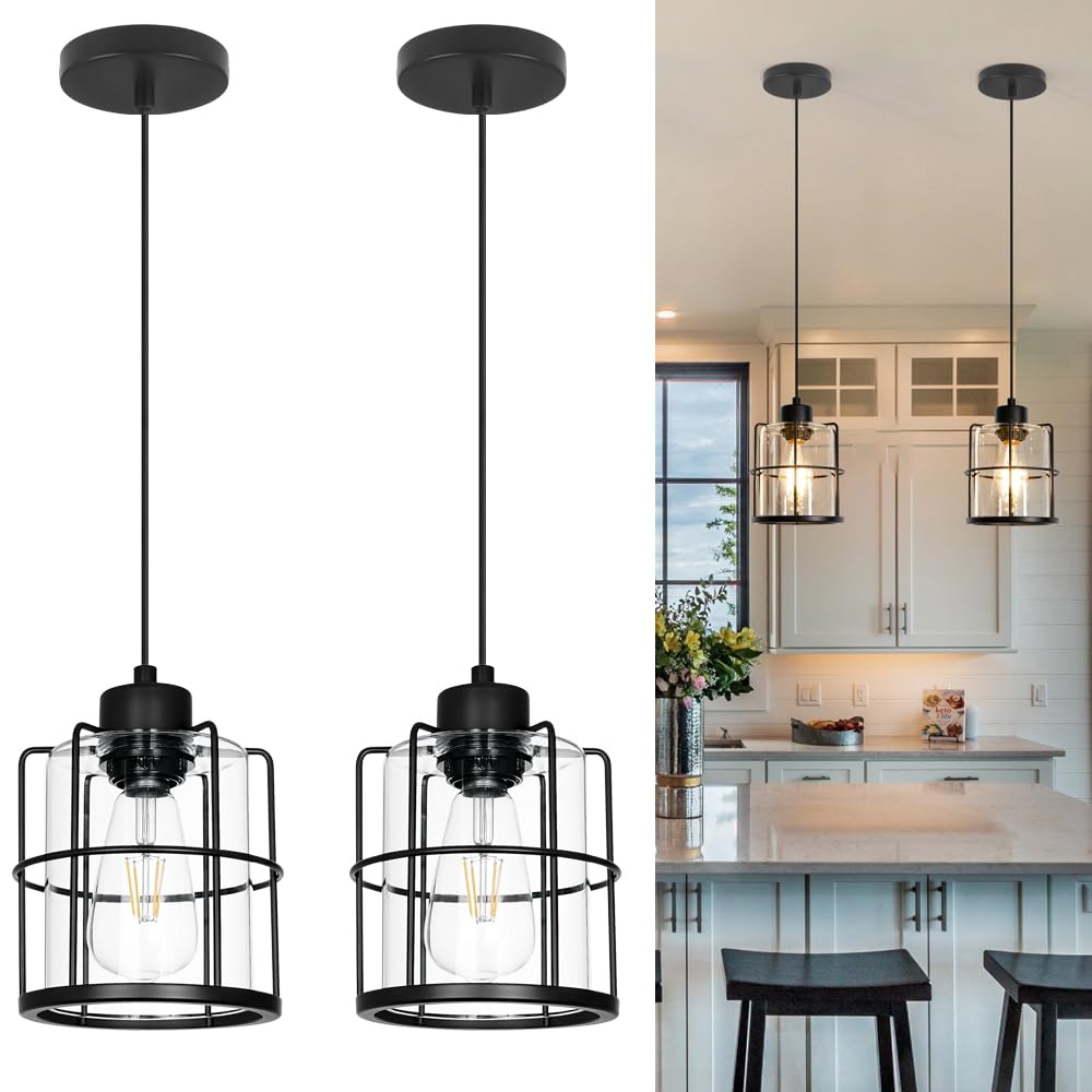 Industrial Black Cage Hanging Lamps, Island Lights for Kitchen with Adjustable Cord, Farmhouse Pendant lights, Pendant Light Fix