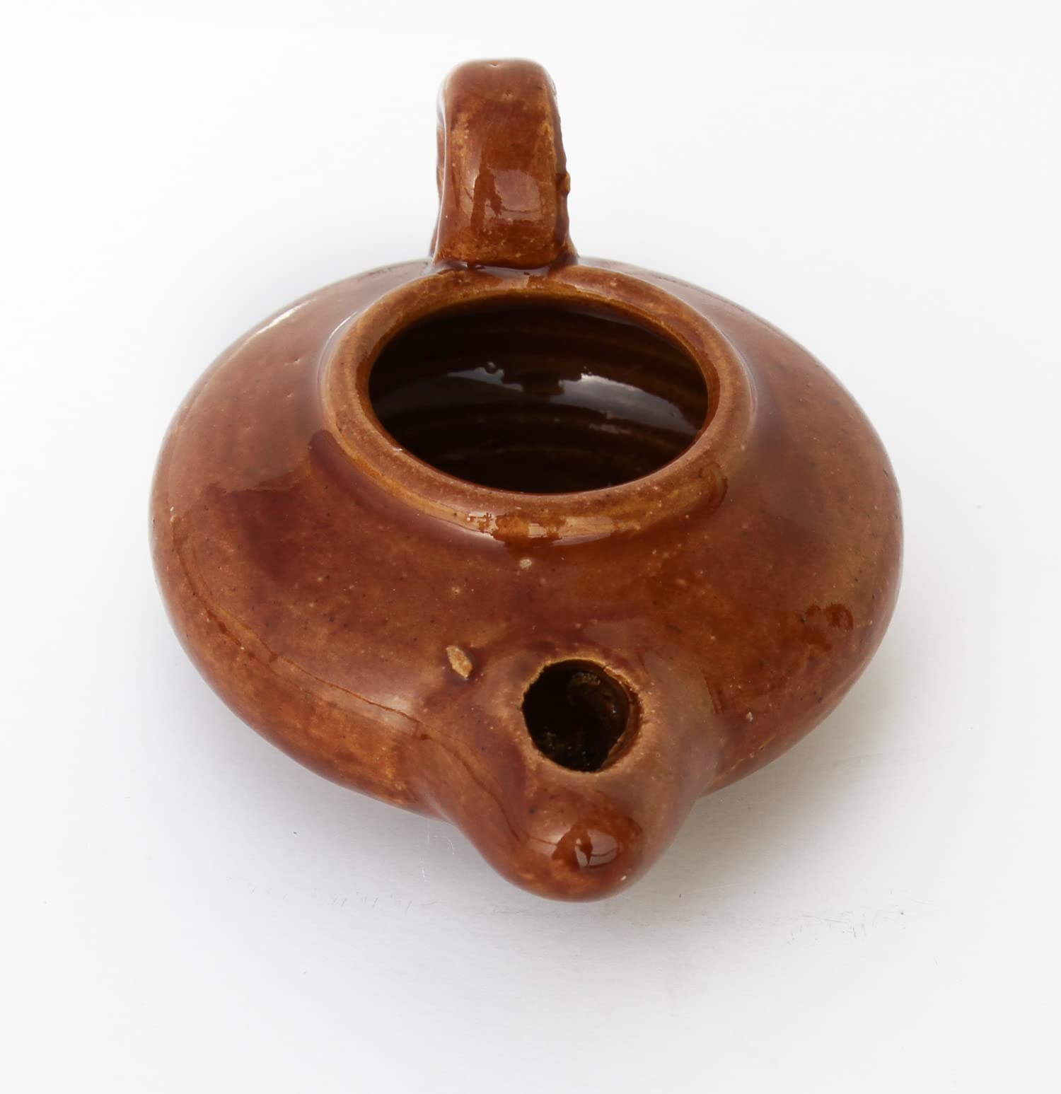 THE JERUSALEM GIFT SHOP Herodian Biblical Clay Oil Lamp - Glazed Brown, Model HOL, Religious Gift for Christian Faith