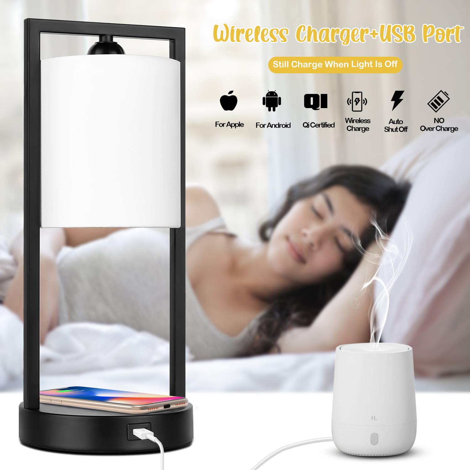 TOBUSA Wireless Charging Table Lamps Set of 2, Modern Dimmable Design, Warm White Fabric Shade, Metal, Model HRP-TS12008W-27A