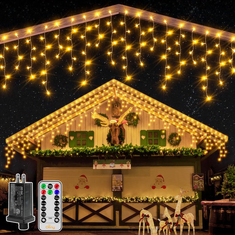 Ollny Icicle Lights for Outside 396LED 32FT, Warm White Christmas Light with Remote 8Modes Timers Waterproof, Plug in Connectabl