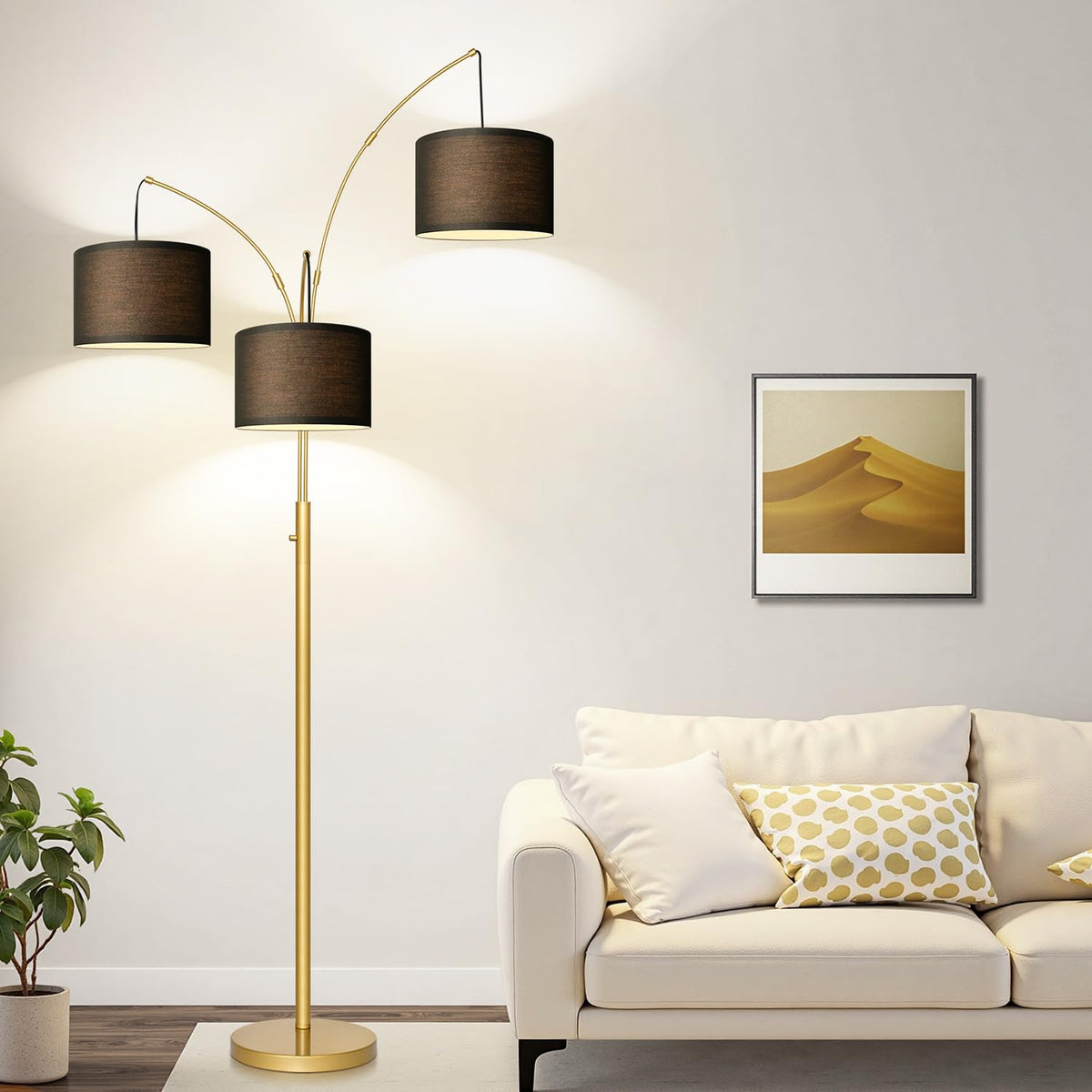 Nintiue Dimmable Floor Lamp - 3 Lights Gold Floor Lamps For Living Room With Black Shades & Heavy Base, Mid Century Tree Floor L